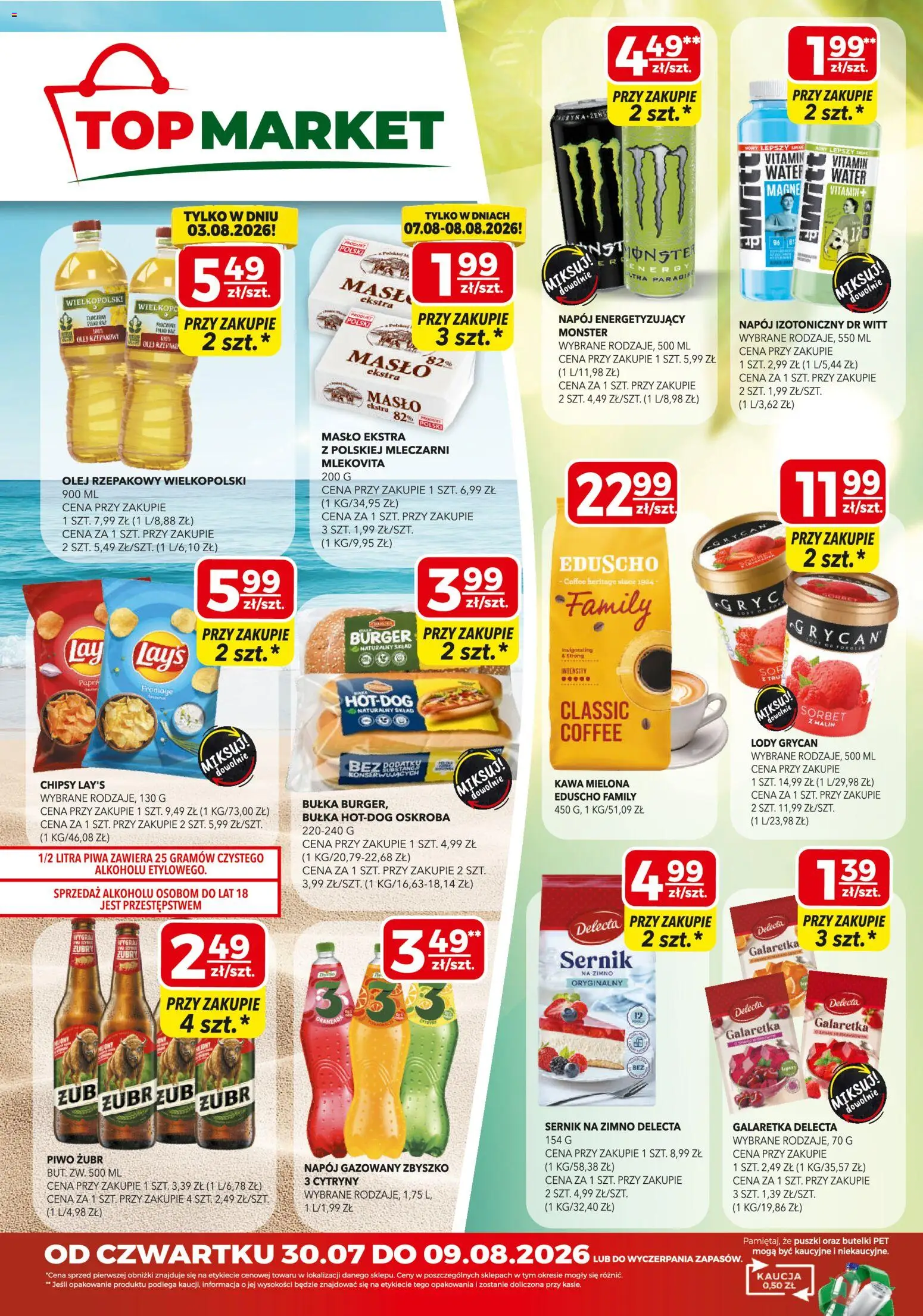 Pogląd gazetki "Top Market gazetka mini" ze sklepu Top Market ważnej od 30.07.2026 - Lody, Kawa, Masło, Sernik na zimno, Piwo, Olej, Galaretka, Lody Grycan