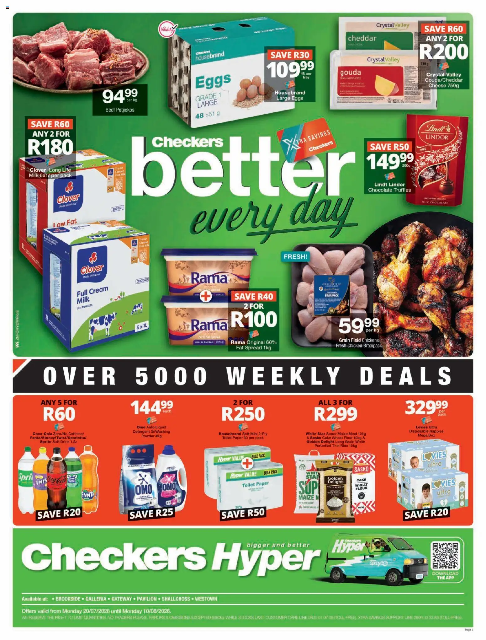 Preview of Checkers flyer valid from 20/07/2026 - Chocolate, Toilet, Eggs, Box, Cheese, Omega 3, Paper, Nappies