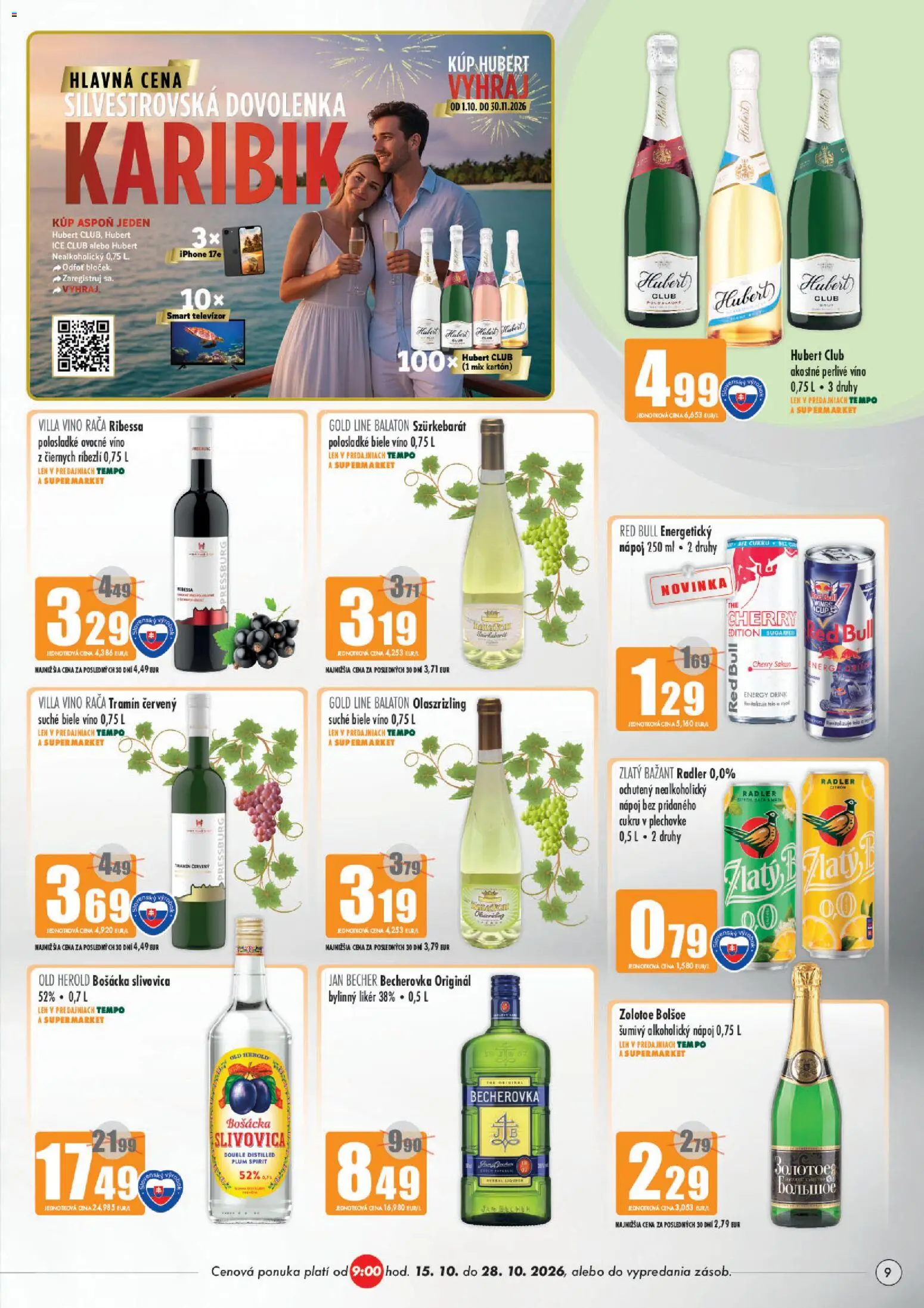 Náhľad COOP Jednota letáku platného od 15.10.2026 - Víno, Jar, Televízor, Becherovka, Zlatý Bažant, Energetický nápoj, Bylinný likér, Perlivé víno