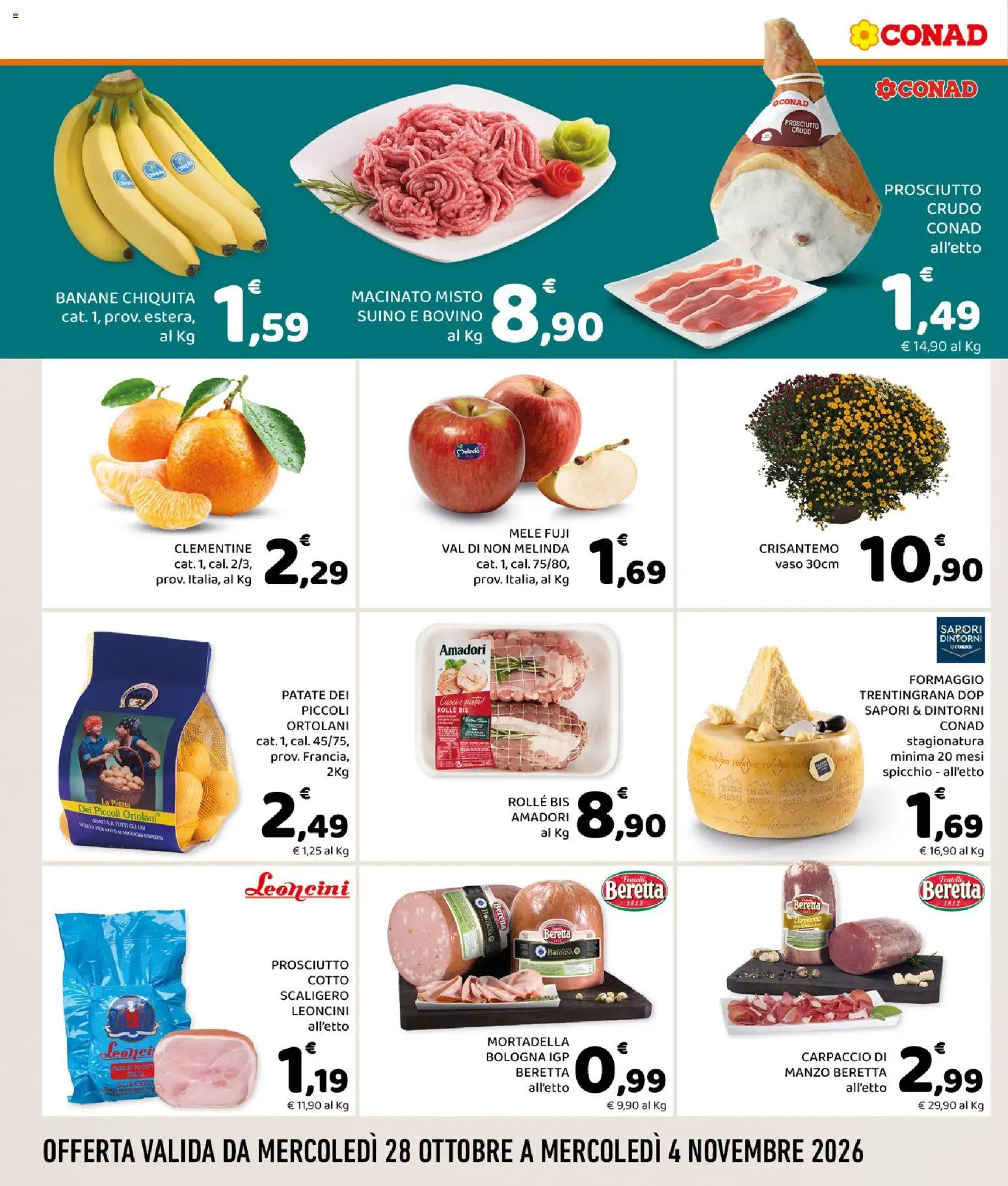 Anteprima dell'opuscolo Conad volantino Convenienza Più Sicilia dal negozio Conad valido da 28/10/2026 - Mortadella, Carpaccio, Prosciutto, Prosciutto Cotto, Patate, Suino, Mele, Vaso