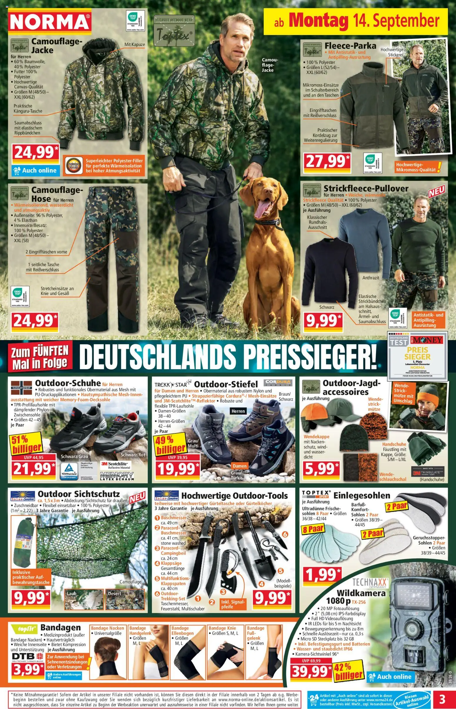 Vorschau von dem Prospekt des Geschäftes Norma, gültig ab dem 14.09.2026 - Wasser, Batterien, Tasche, Taschen, Jacke, Hose, Handschuhe