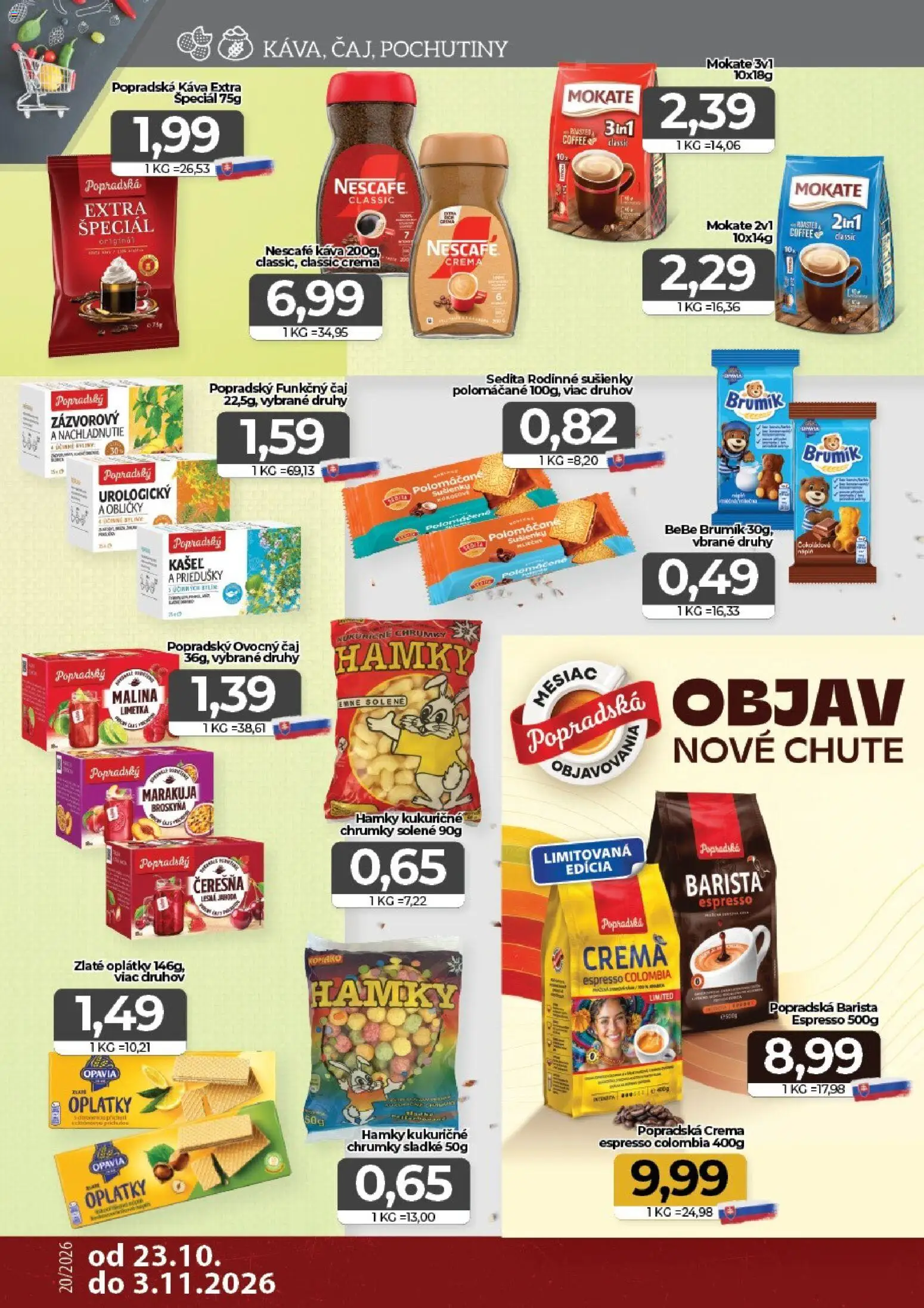 Náhľad CBA Komfos letáku platného od 23.10.2026 - Káva, Čaj, Barista, Limetka, Popradská káva, Sušienky, Ovocný čaj
