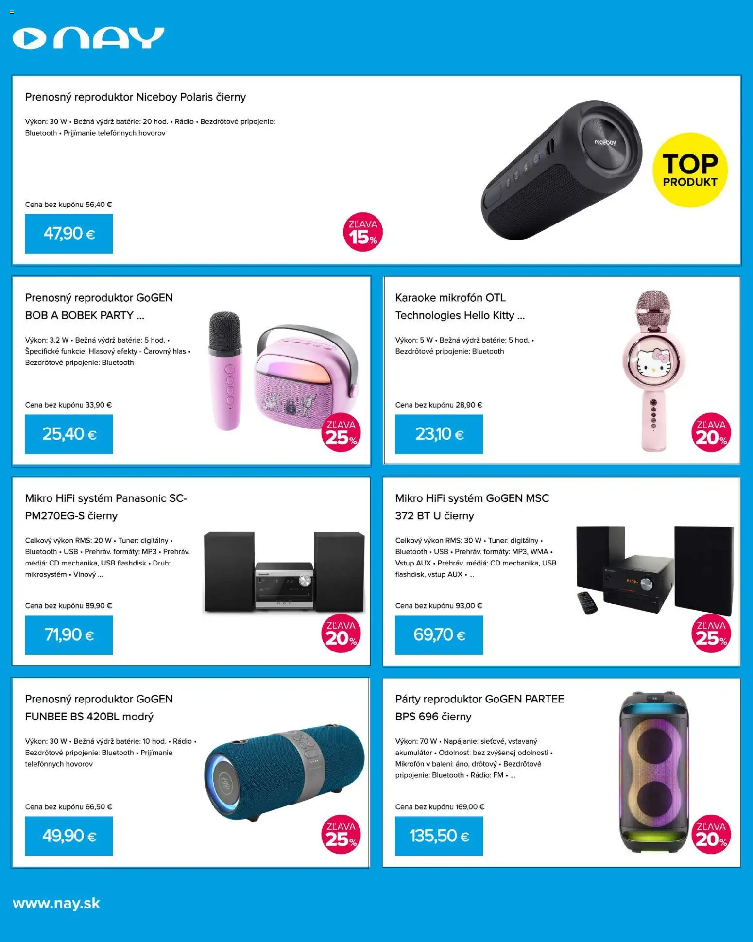 Náhľad NAY Elektrodom letáku platného od 19.10.2026 - MP3, Bluetooth, Niceboy, Mikrofón, Reproduktor, USB, Batérie, Akumulátor