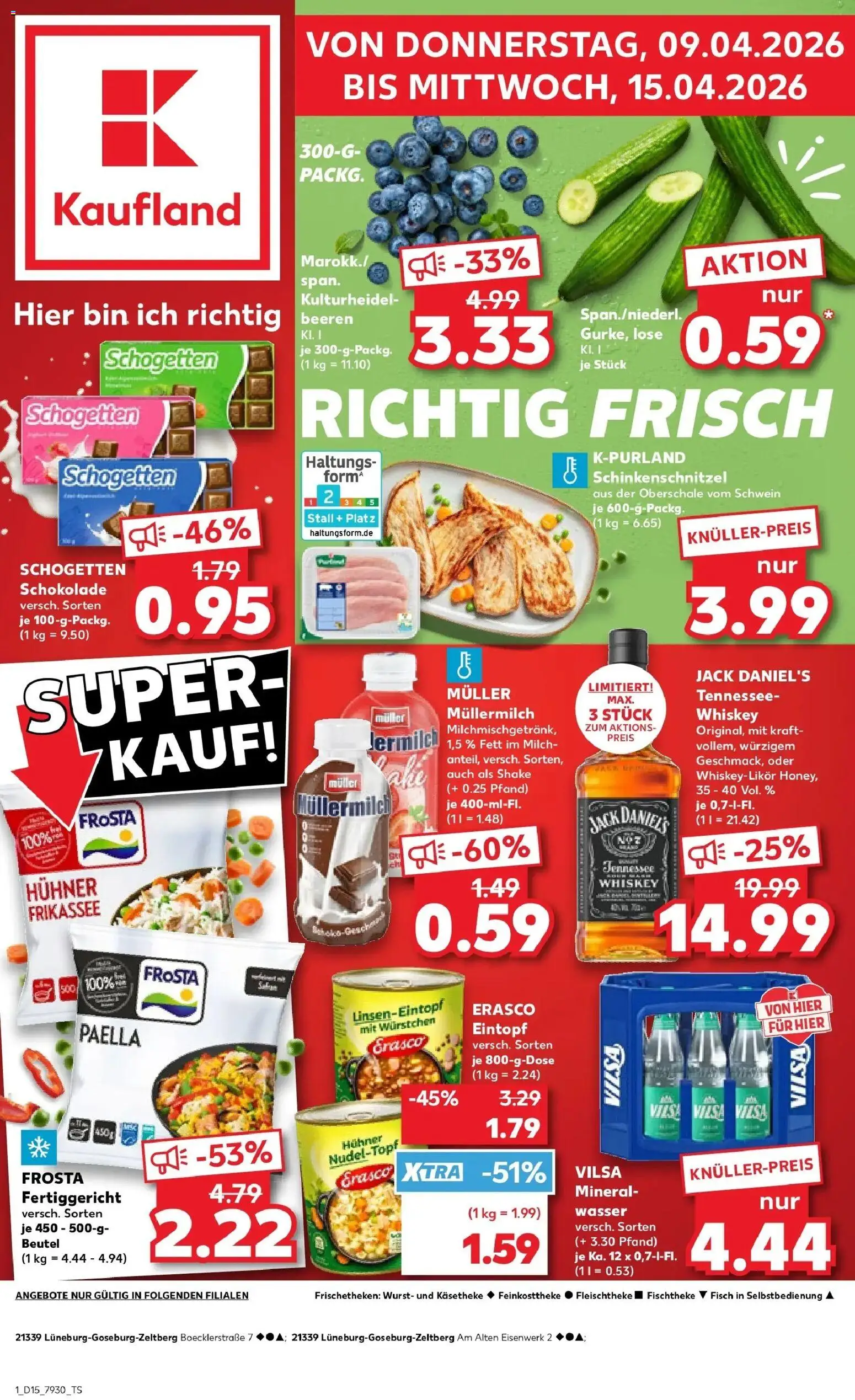 Vorschau von dem Prospekt des Geschäftes Kaufland, gültig ab dem 08.04.2026 - Wasser, Fisch, Mineralwasser, Frosta, Müllermilch, Jack Daniel's, Erasco, Muller mullermilch