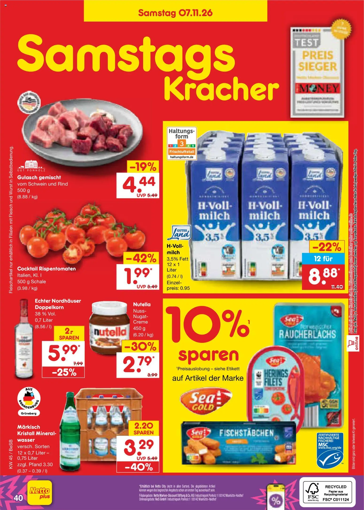 Vorschau von dem Prospekt des Geschäftes Netto Marken-Discount, gültig ab dem 02.11.2026 - Wurst, Nutella, Gulasch, Milch, Fleisch, Creme, Räucherlachs, Fischstabchen