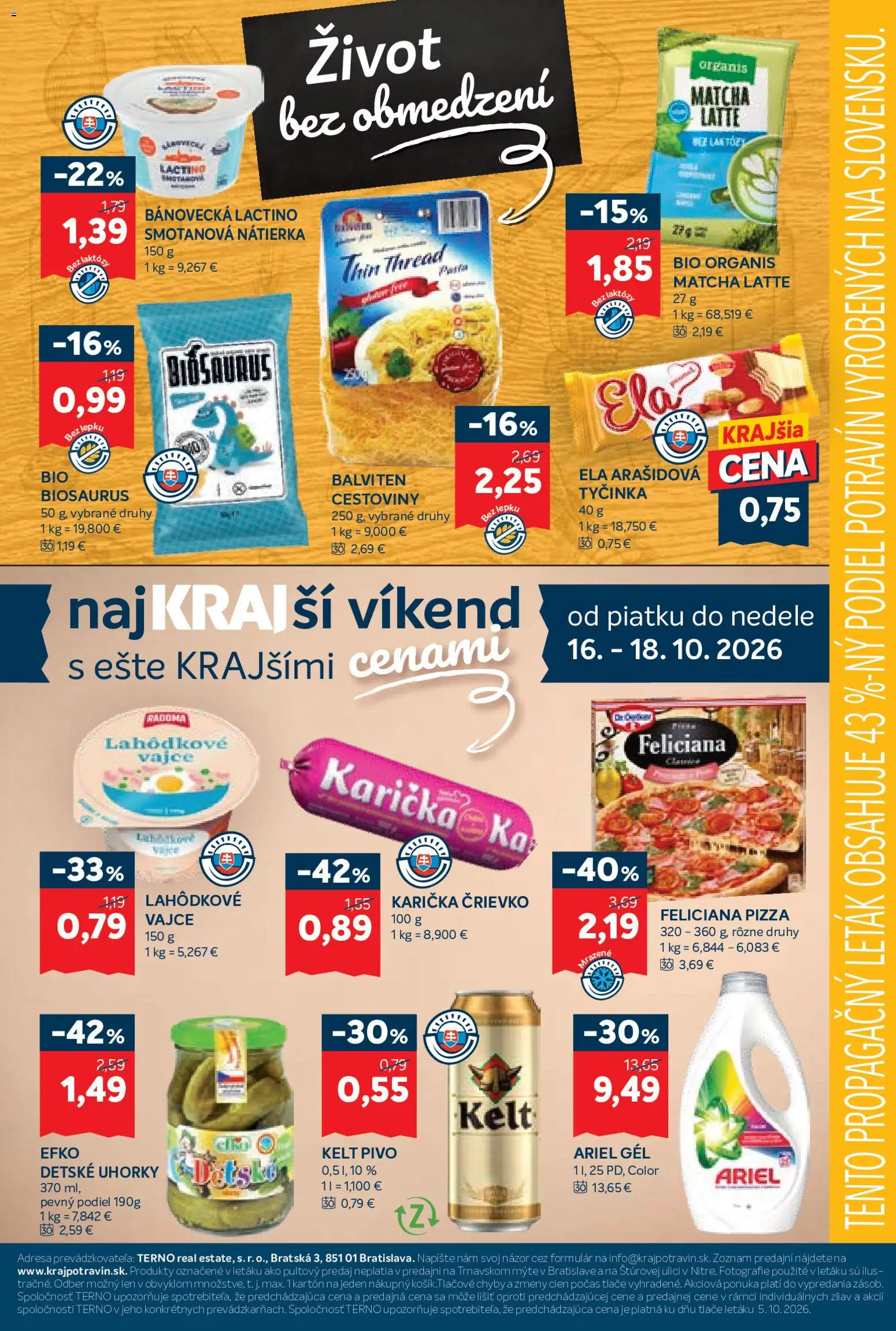 Náhľad Kraj letáku platného od 15.10.2026 - Pizza, Matcha, Pivo, Cestoviny, Ariel, Nátierka, Kelt, Uhorky