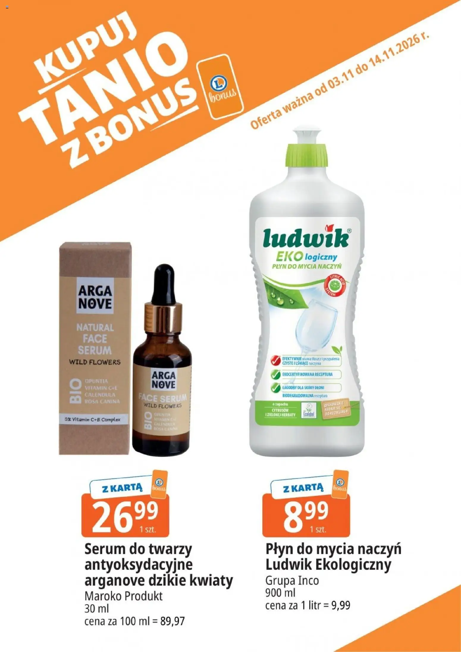 Pogląd gazetki "E.Leclerc gazetka - Kupuj Tanio Z Bonus" ze sklepu E.Leclerc ważnej od 03.11.2026 - Kwiaty, Karta, Serum do twarzy, Naczynia, Płyn do mycia naczyń