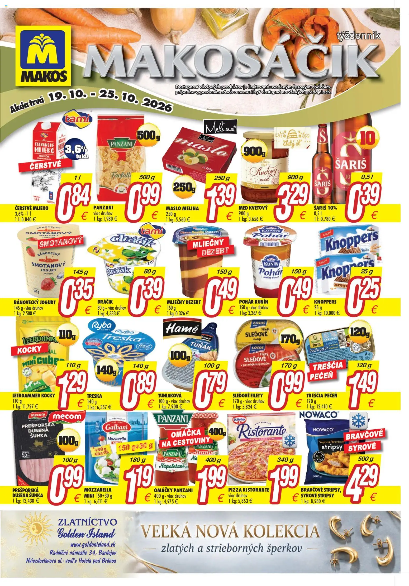 Náhľad Makos letáku platného od 19.10.2026 - Pizza, Med, Ryba, Losos, Treska, Jogurt, Šunka, Omáčky