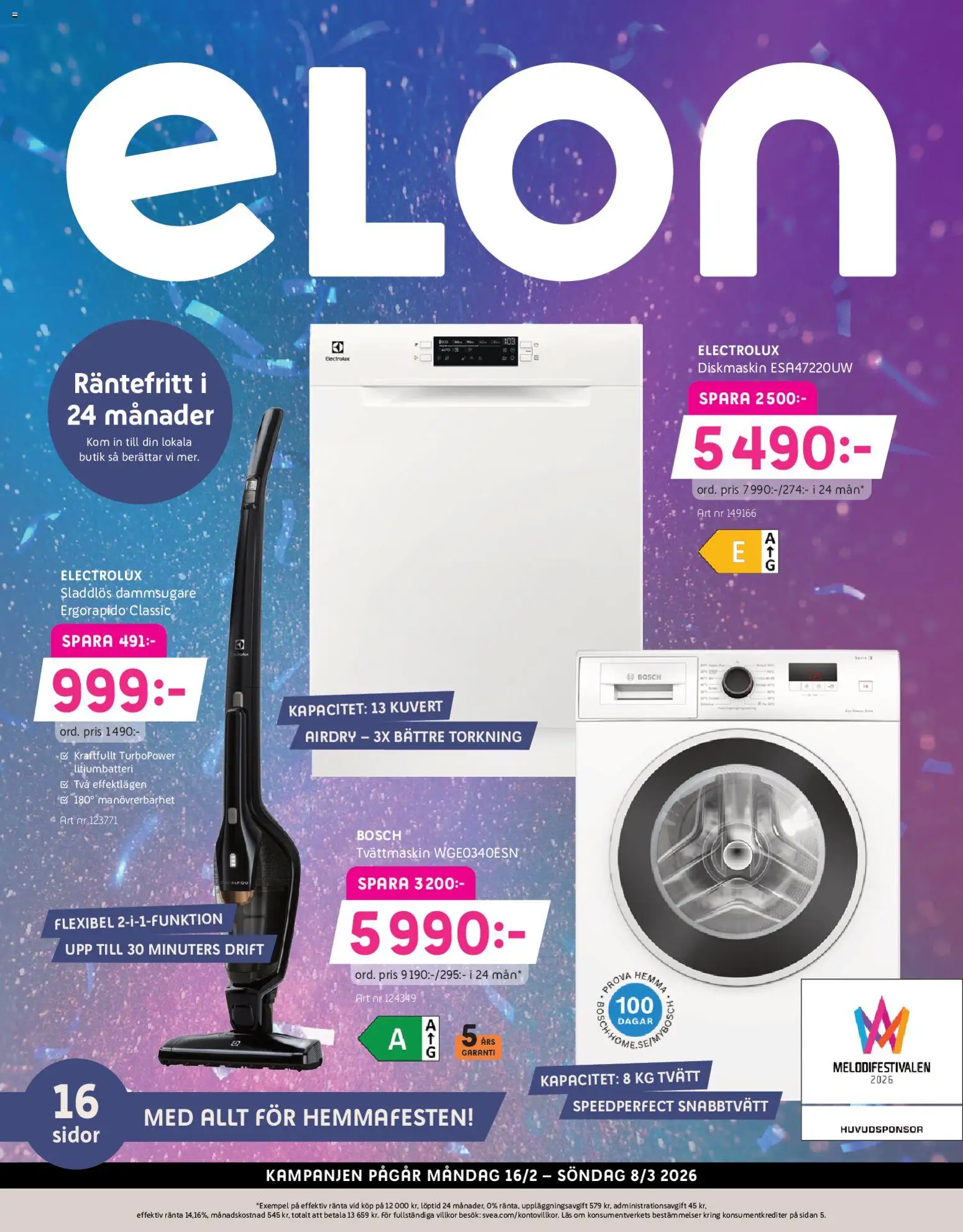 Förhandsgranska reklamblad Aktuella reklamblad Elon från butik Elon gäller från 16/02/2026 - Dammsugare, Tvättmaskin, Diskmaskin, Sladdlös dammsugare, Kuvert