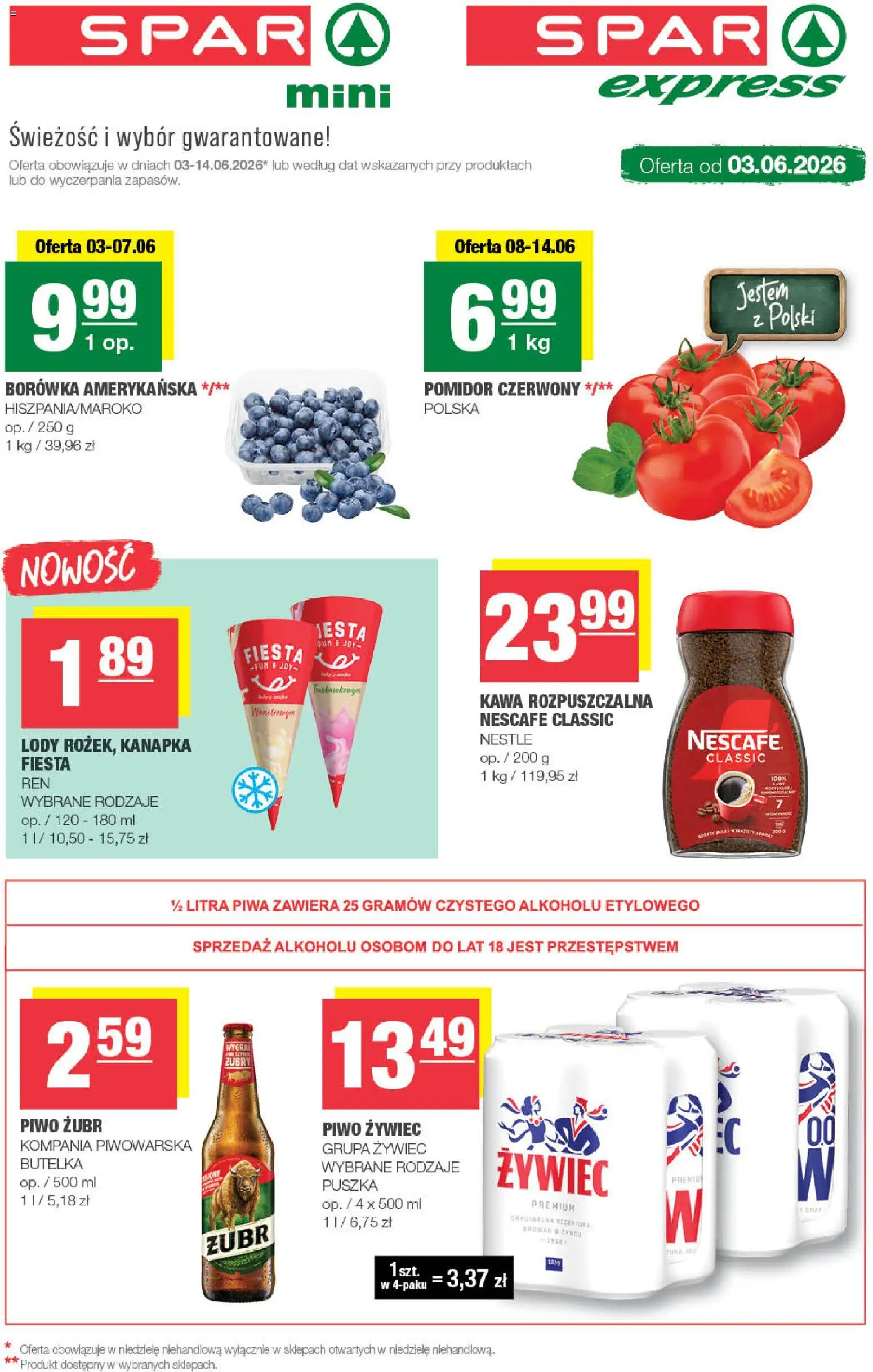 Pogląd gazetki "Spar gazetka - Mini" ze sklepu Spar ważnej od 03.06.2026 - Lody, Kawa, Piwo, Borówka amerykańska, Pomidor, Kawa rozpuszczalna, Nescafe, Piwo żubr
