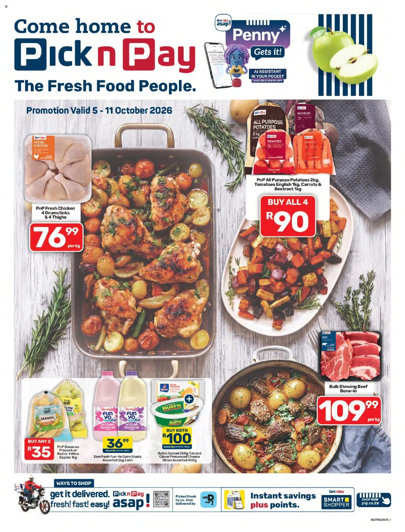 Preview of Pick n Pay flyer valid from 05/10/2026 - Apples, Chicken, Bananas, Potatoes, Thighs, Carrots, Beef, Spread