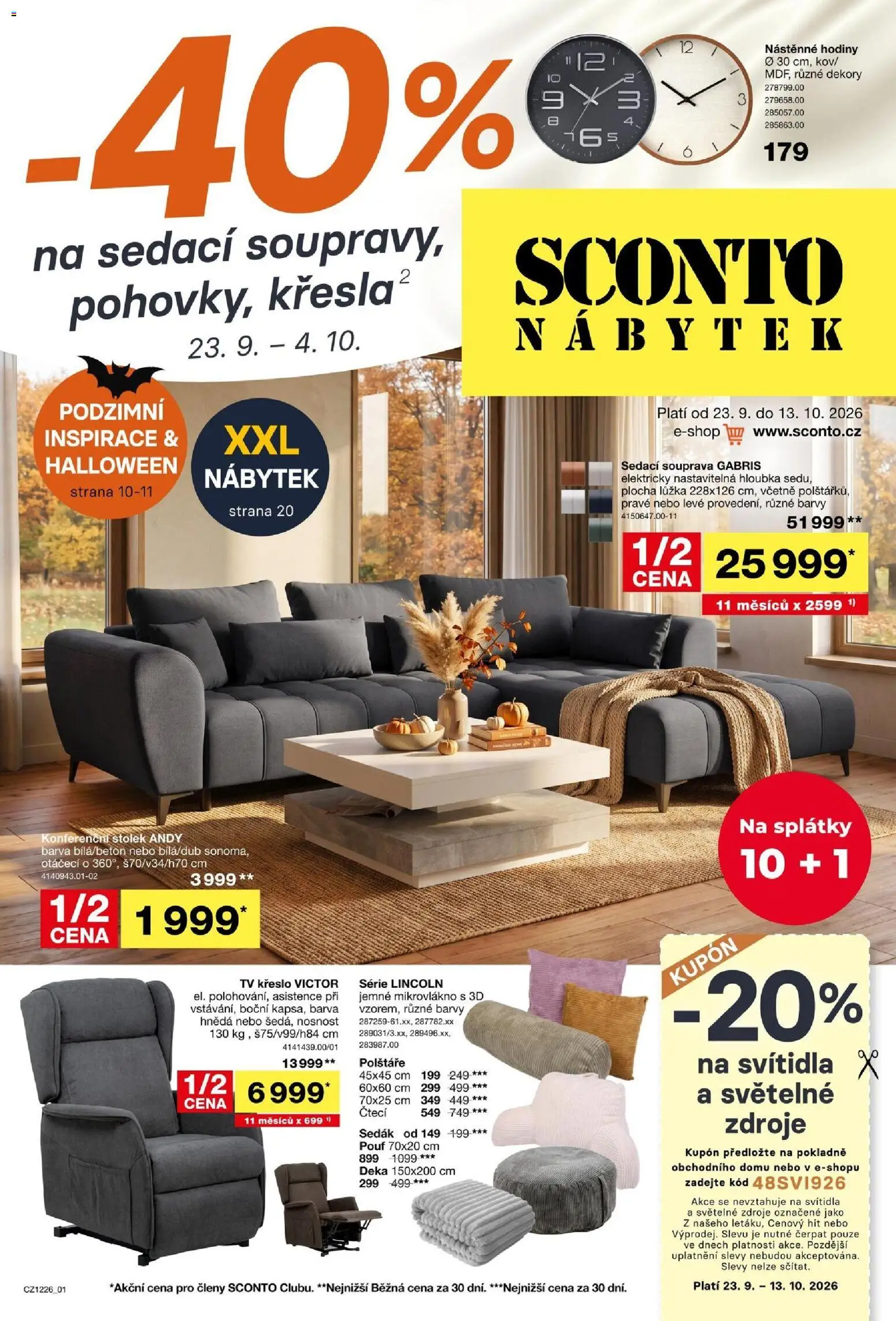 Náhled nabídky: Sconto nábytek Sconto nábytek leták platný od 23.09.2026 - Hodiny, Konferenční stolek, Sedací souprava, Křeslo, Barvy, Nástěnné hodiny, Polštáře, Stolek
