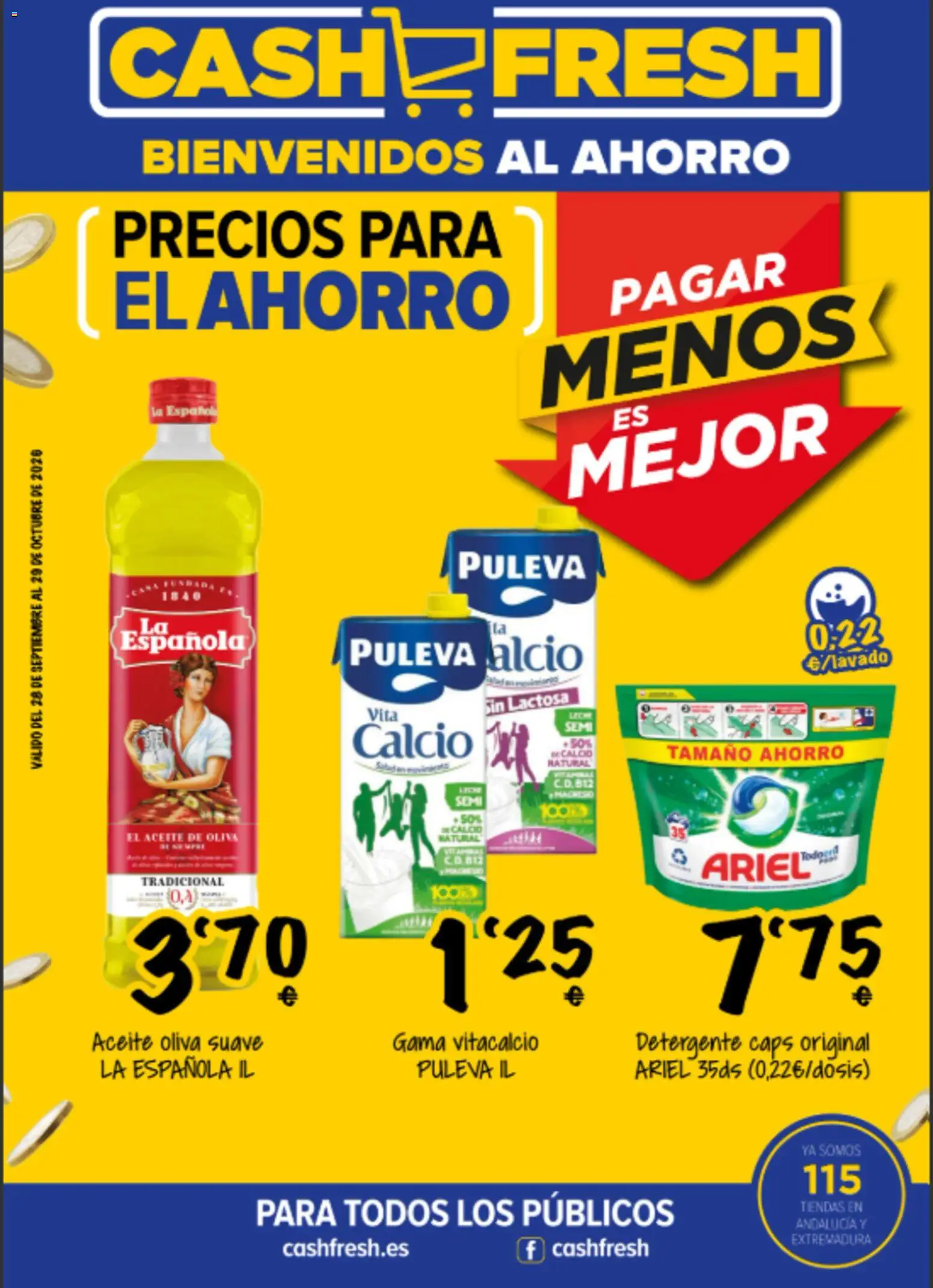 Vista previa del folleto de la tienda Cash Fresh válido desde el 28/09/2026 - Aceite de oliva, Aceite, Leche, Detergente