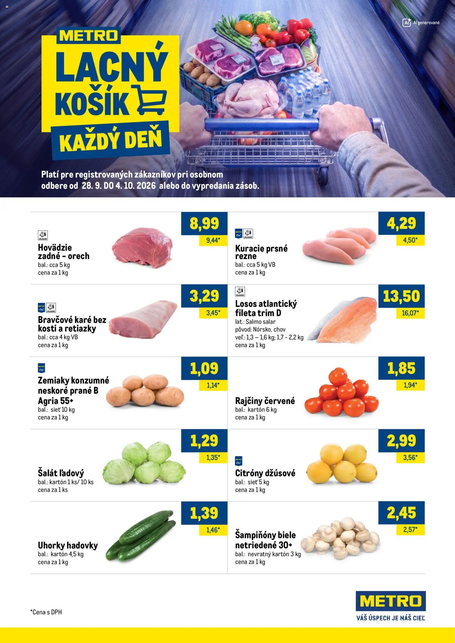 Náhľad Metro letáku platného od 29.09.2026 - Losos, Bravčové karé, Šalát, Zemiaky, Šampiňóny, Rezne, Uhorky, Citróny