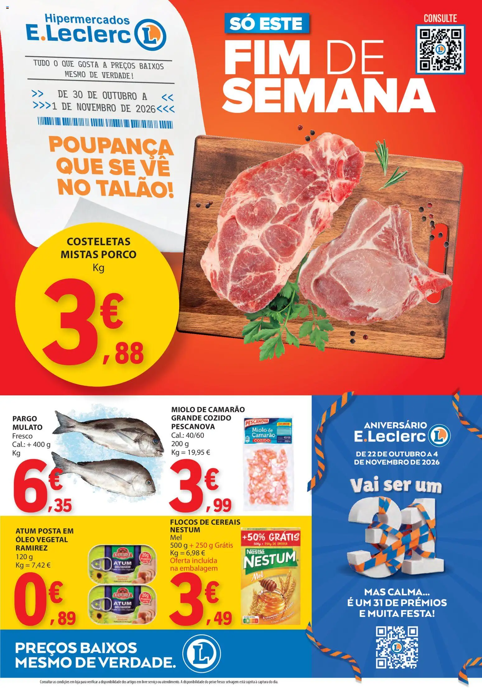 Pré-visualização do folheto da loja E.Leclerc válida a partir de 30/10/2026 - Peixe, Camarão, Nestlé, Ferro, Atum, Cereais, Óleo vegetal, Flocos