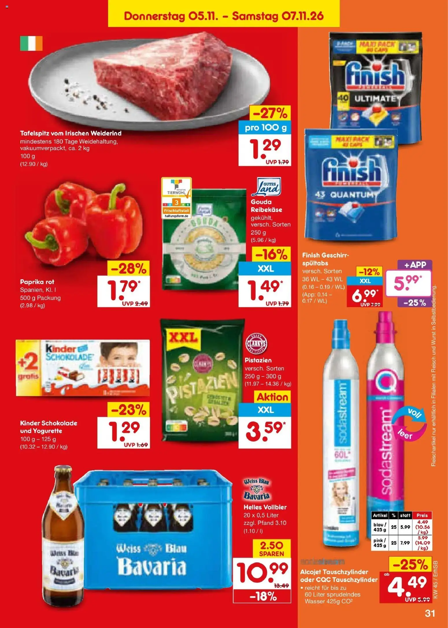 Vorschau von dem Prospekt des Geschäftes Netto Marken-Discount, gültig ab dem 02.11.2026 - Schokolade, Wurst, Tafelspitz, Pistazien, Yogurette, Finish, Paprika rot, Reibekase