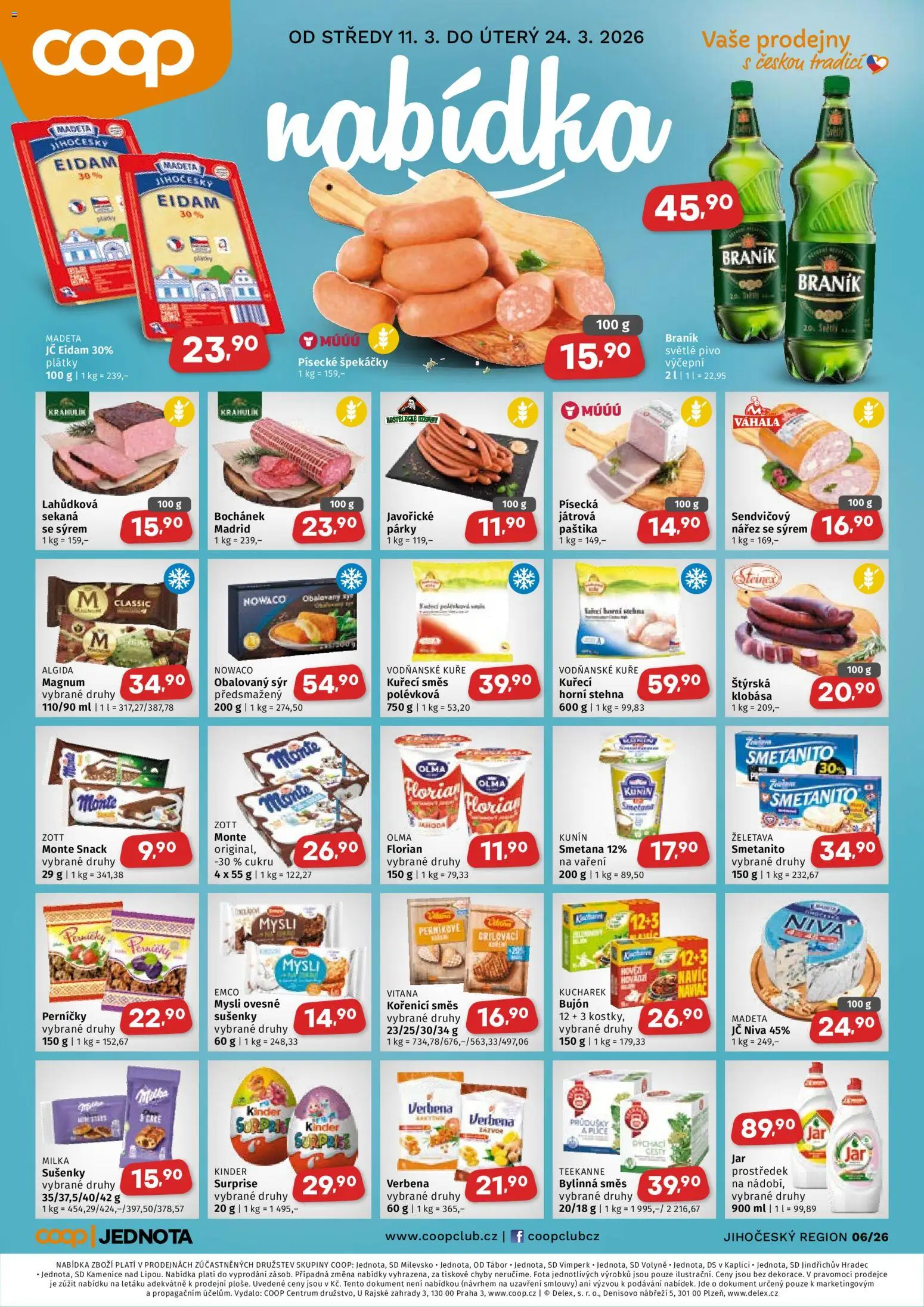 Náhled nabídky: Coop Coop leták - Jihočeský region platný od 11.03.2026 - Pivo, Sýr, Kinder, Magnum, Mysli, Paštika, Teekanne, Kuřecí směs