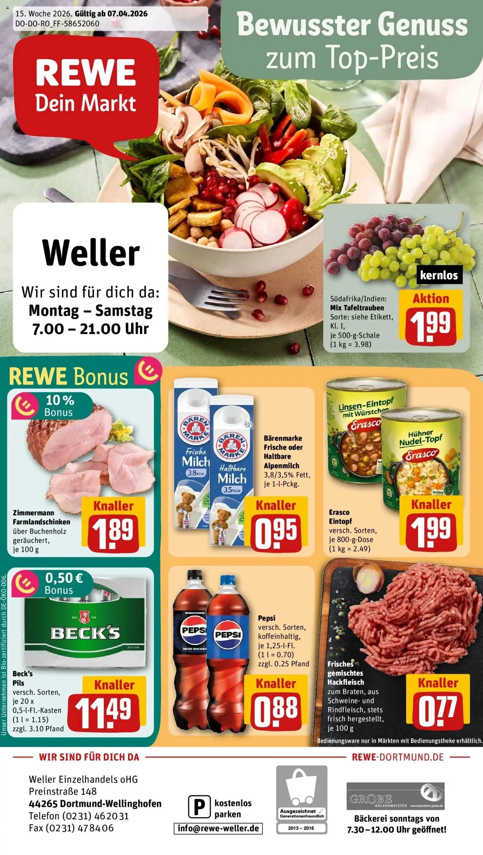 Vorschau von dem Prospekt des Geschäftes Rewe, gültig ab dem 05.04.2026 - Uhr, Milch, Hackfleisch, Zucker, Pepsi, Haltbare milch, Pils, Erasco