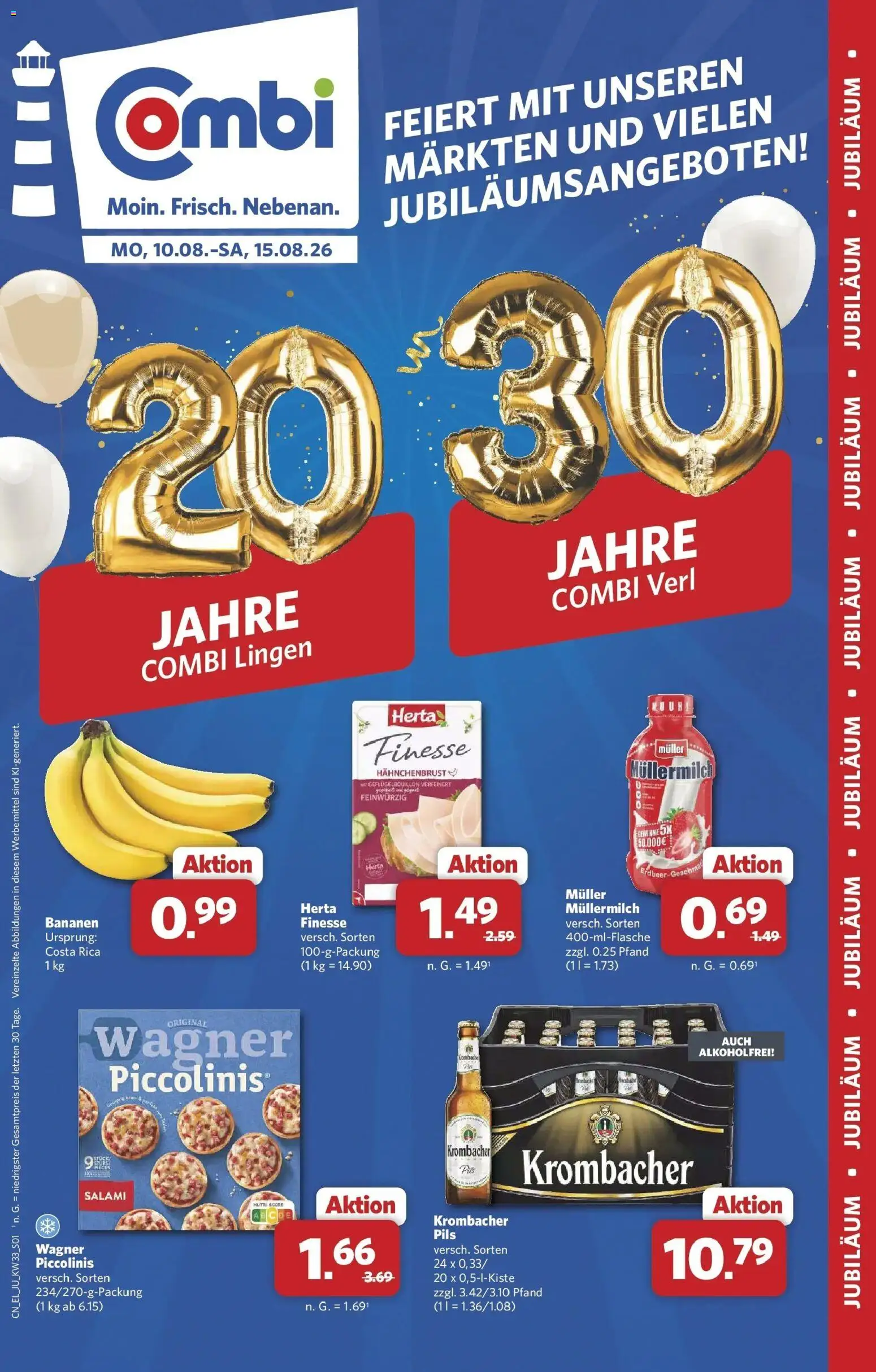 Vorschau von dem Prospekt des Geschäftes Combi, gültig ab dem 10.08.2026 - Krombacher, Met, Piccolinis, Salami, Müllermilch, Pils, Hahnchenbrust, Muller mullermilch