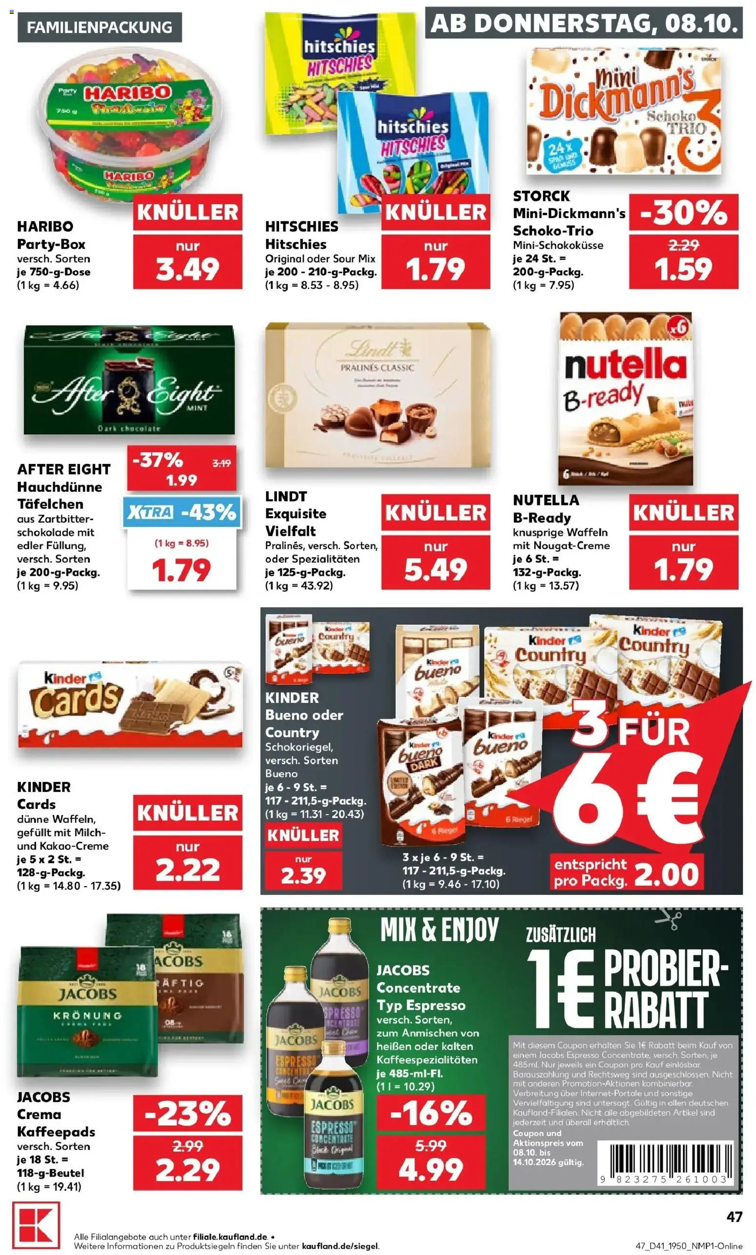 Vorschau von dem Prospekt des Geschäftes Kaufland, gültig ab dem 08.10.2026 - Schokolade, Haribo, Waffeln, Nutella, Milch, Kinder bueno, Kaffeepads, Spezialitäten