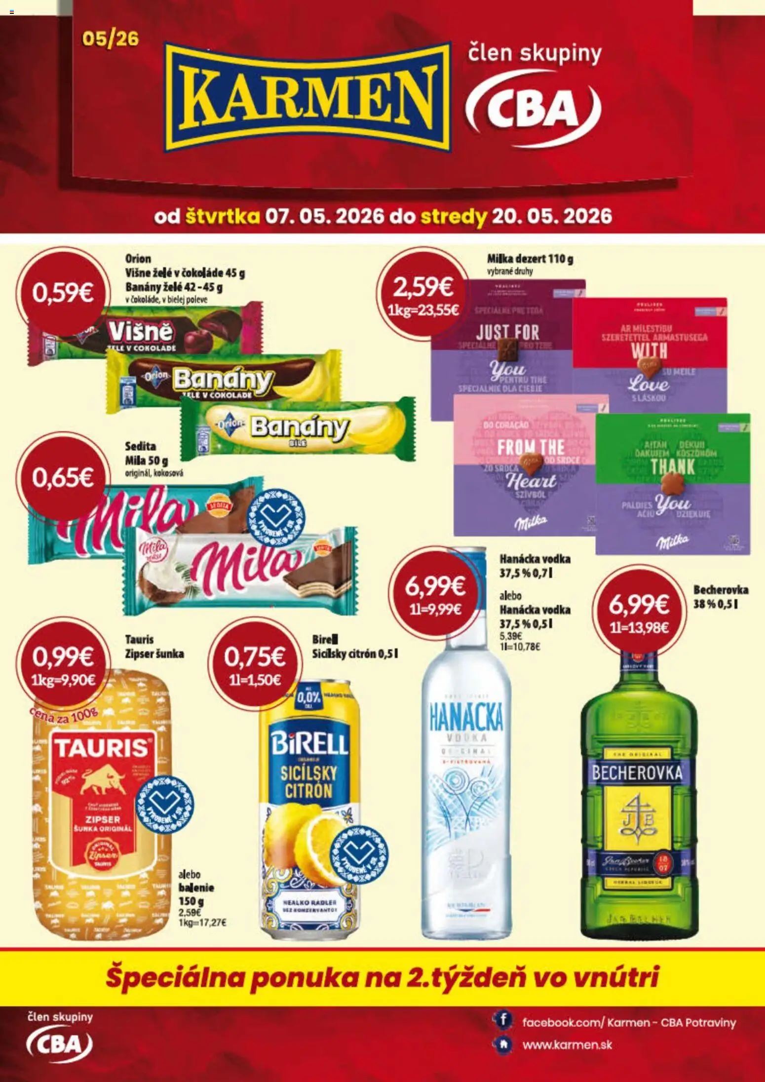 Náhľad KARMEN CBA letáku platného od 07.05.2026 - Vodka, Becherovka, Dezert, Mila, Birell, Radler, Višne, Banány