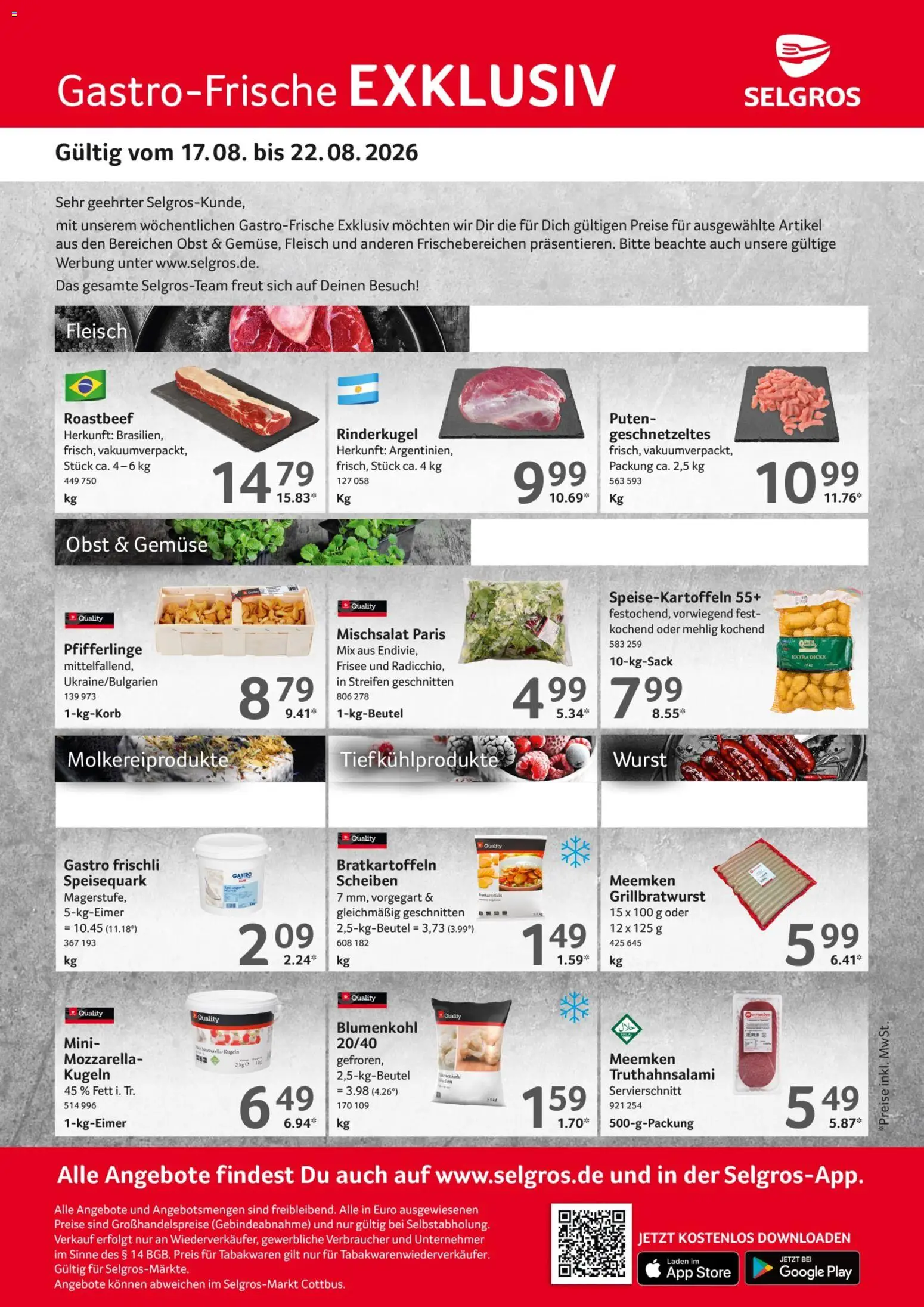 Vorschau von dem Prospekt des Geschäftes Selgros, gültig ab dem 17.08.2026 - Gemüse, Blumenkohl, Roastbeef, Obst, Pfifferlinge, Fleisch, Speisequark, Meemken
