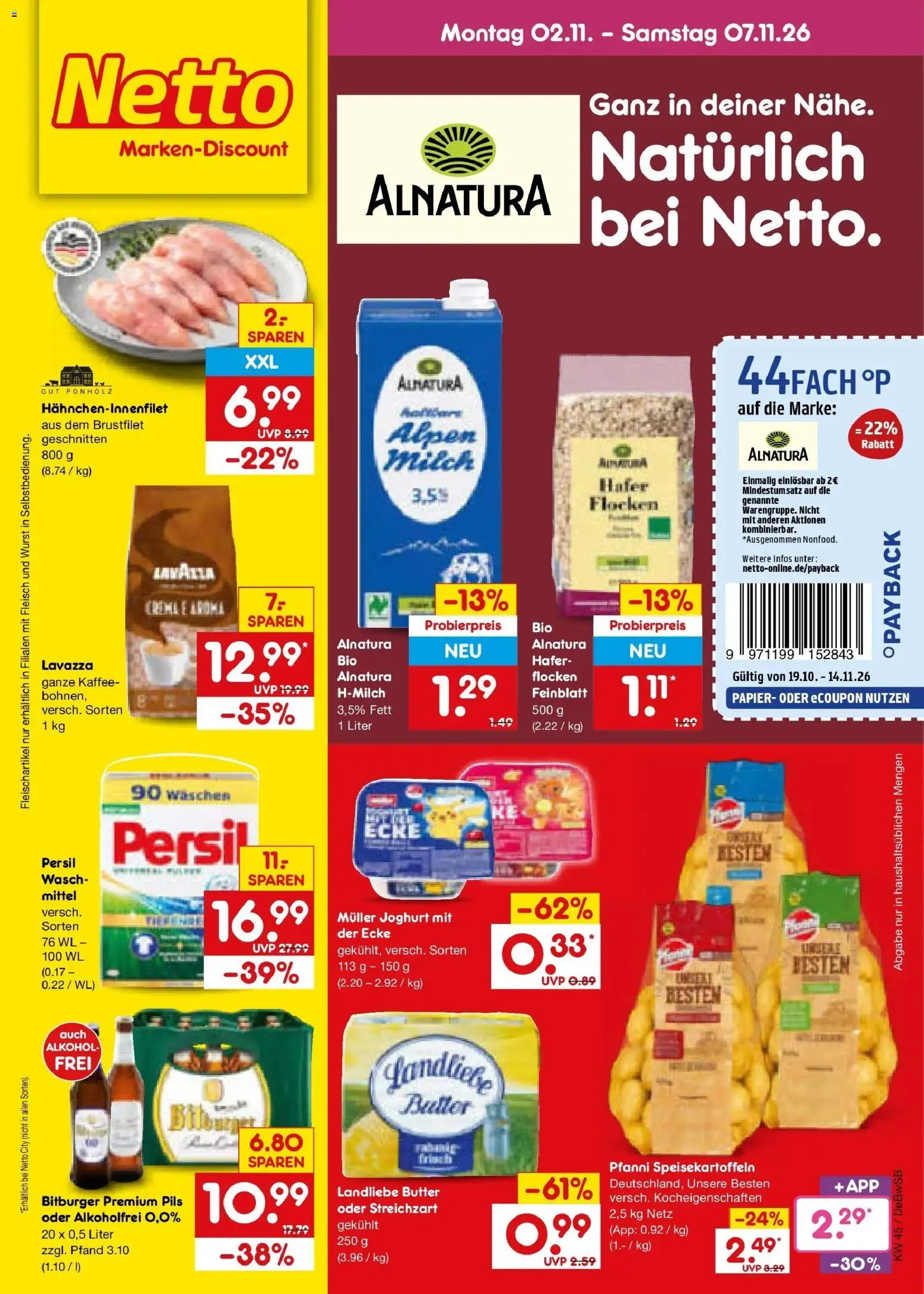 Vorschau von dem Prospekt des Geschäftes Netto Marken-Discount, gültig ab dem 02.11.2026 - Butter, Wurst, Alkohol, Fleisch, Lavazza, Creme, Flocken, Pils