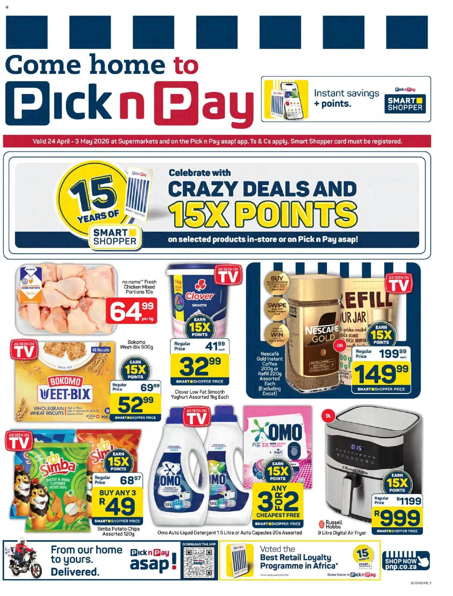 Preview of Pick n Pay flyer valid from 24/04/2026 - Air fryer, Biscuits, Chips, Beans, Onion, Yoghurt, Detergent, Fryer