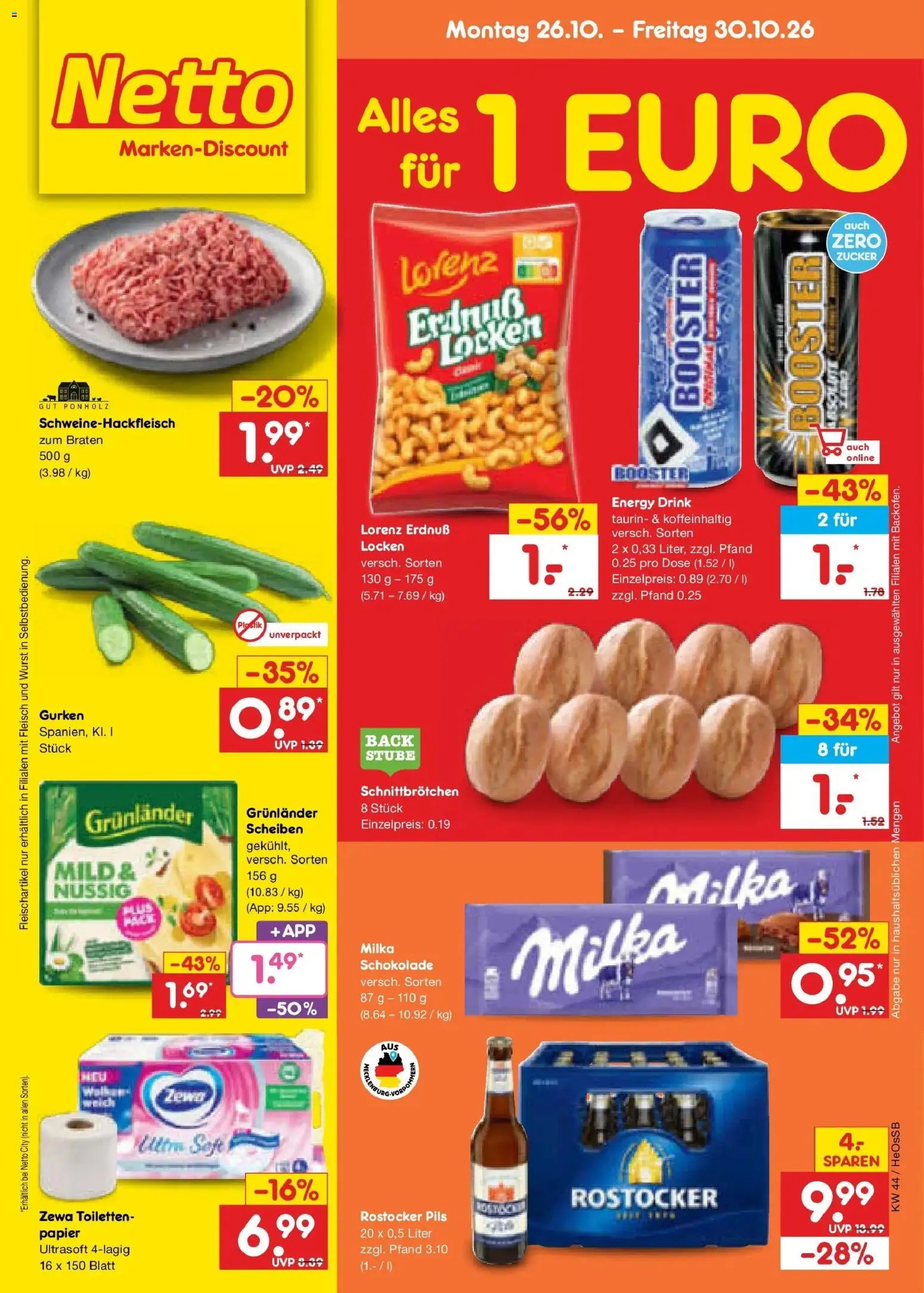 Vorschau von dem Prospekt des Geschäftes Netto Marken-Discount, gültig ab dem 26.10.2026 - Schokolade, Milka schokolade, Fleisch, Milka, Gurken, Energy, Zewa, Pils