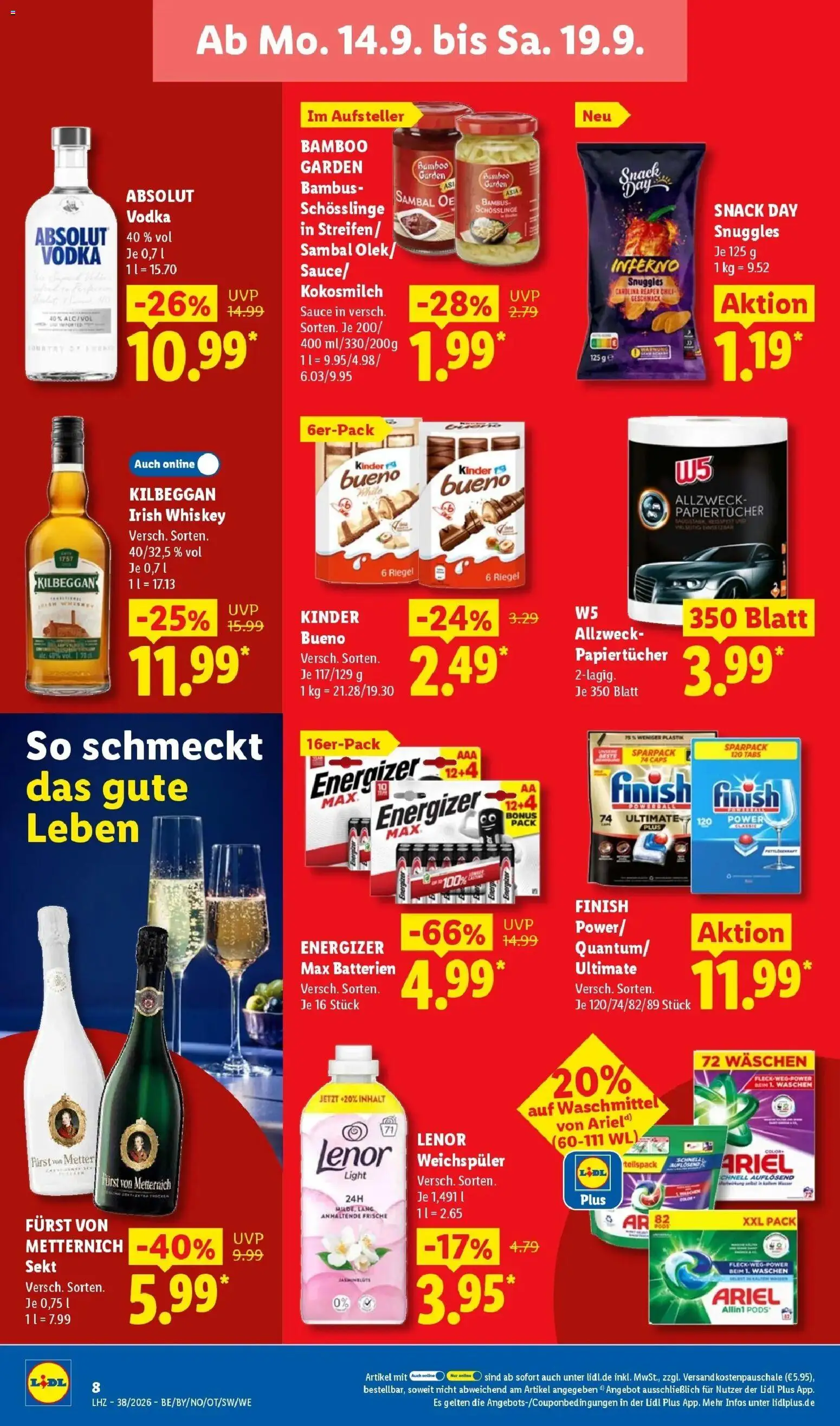 Vorschau von dem Prospekt des Geschäftes Lidl, gültig ab dem 14.09.2026 - Vodka, Chili, Sekt, Waschmittel, Kokosmilch, Weichspüler, Lenor, Finish