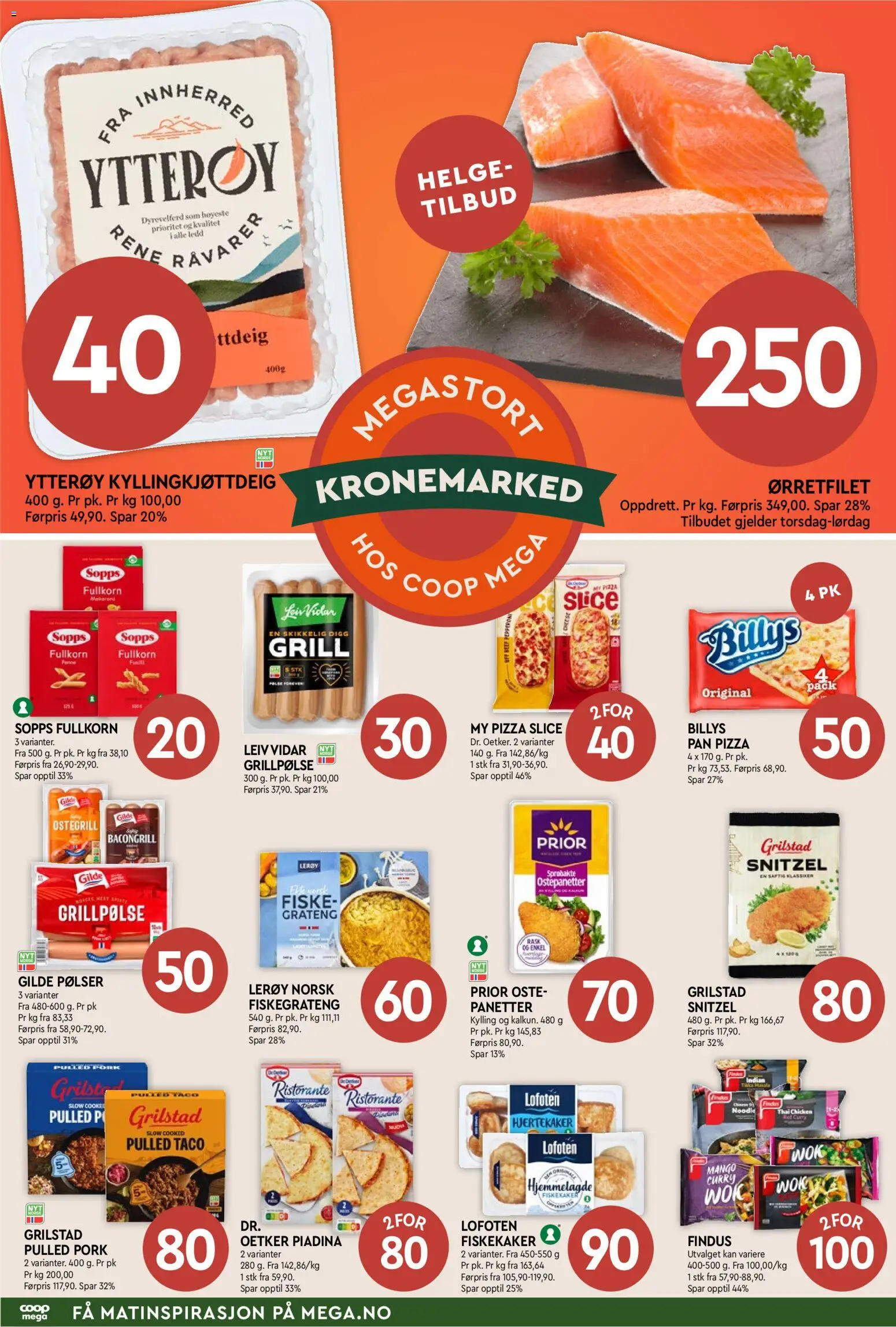 Forhåndsvis Coop Mega Mega Helg fra butikk Coop Mega gyldig fra 04/06/2026 - Pølser, Fiskegrateng, 1, Mango, Snitzel, Kyllingkjøttdeig, Grilstad, Taco