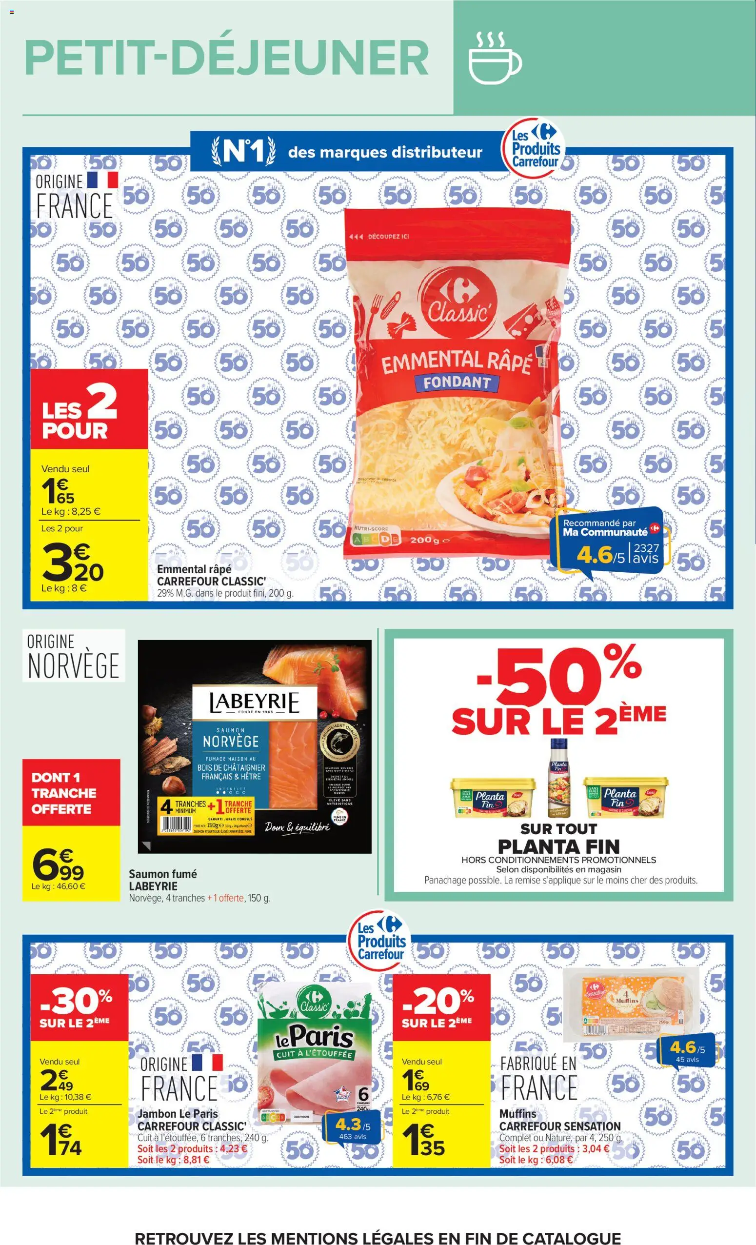 Prévisualisation de Carrefour Market Petit dejeuner du magasin Carrefour Market formulaire valide 01/09/2026 - Distributeur, Muffins, Saumon, Jambon, Saumon fumé, Emmental, Râpe