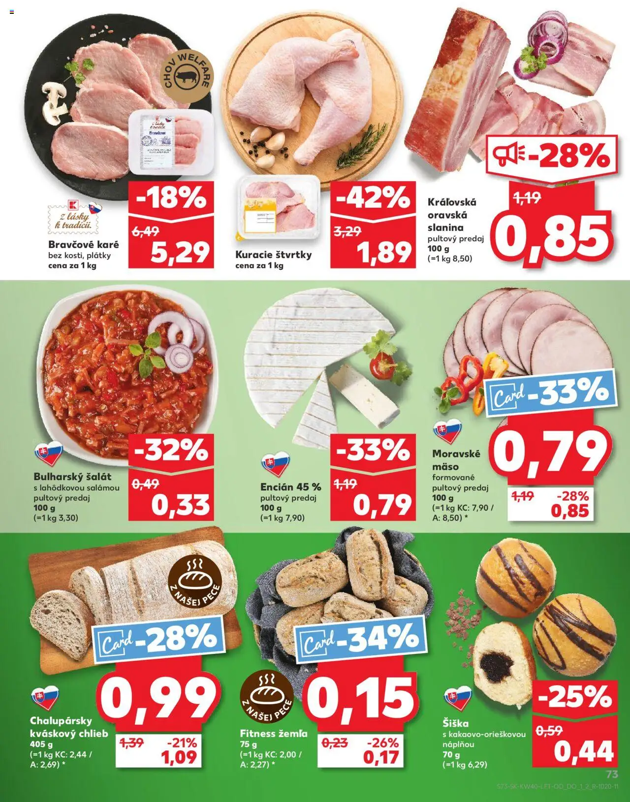 Náhľad Kaufland letáku platného od 02.10.2025 - Mäso, Bravčové karé, Šalát, Chlieb, Pec, Donut, Slanina, Encián