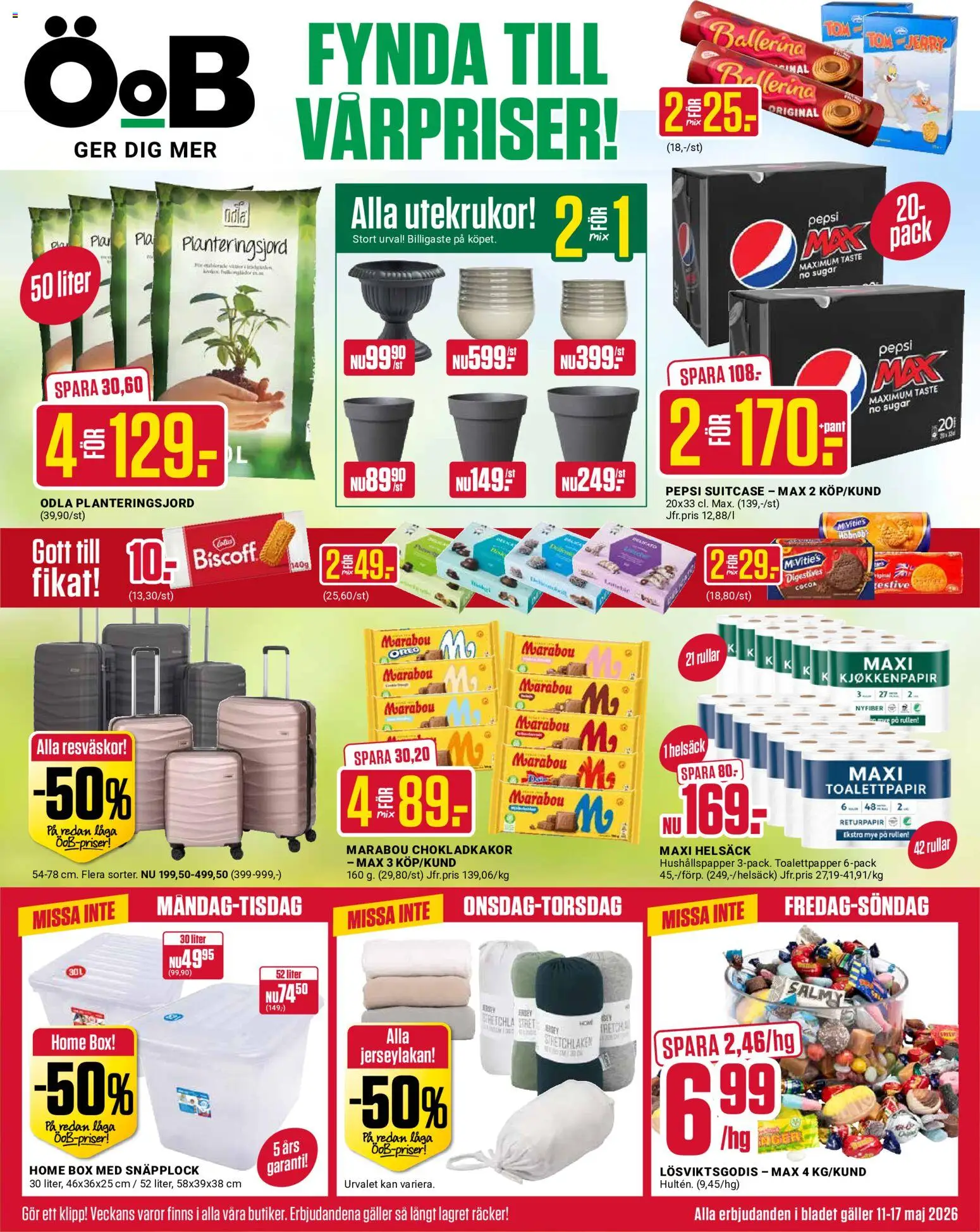 Förhandsgranska reklamblad ÖoB erbjudanden från butik ÖoB gäller från 11/05/2026 - Ballerina, Planteringsjord, Pepsi, Toalettpapper, Galler, Oreo, Chokladkakor, Hushållspapper