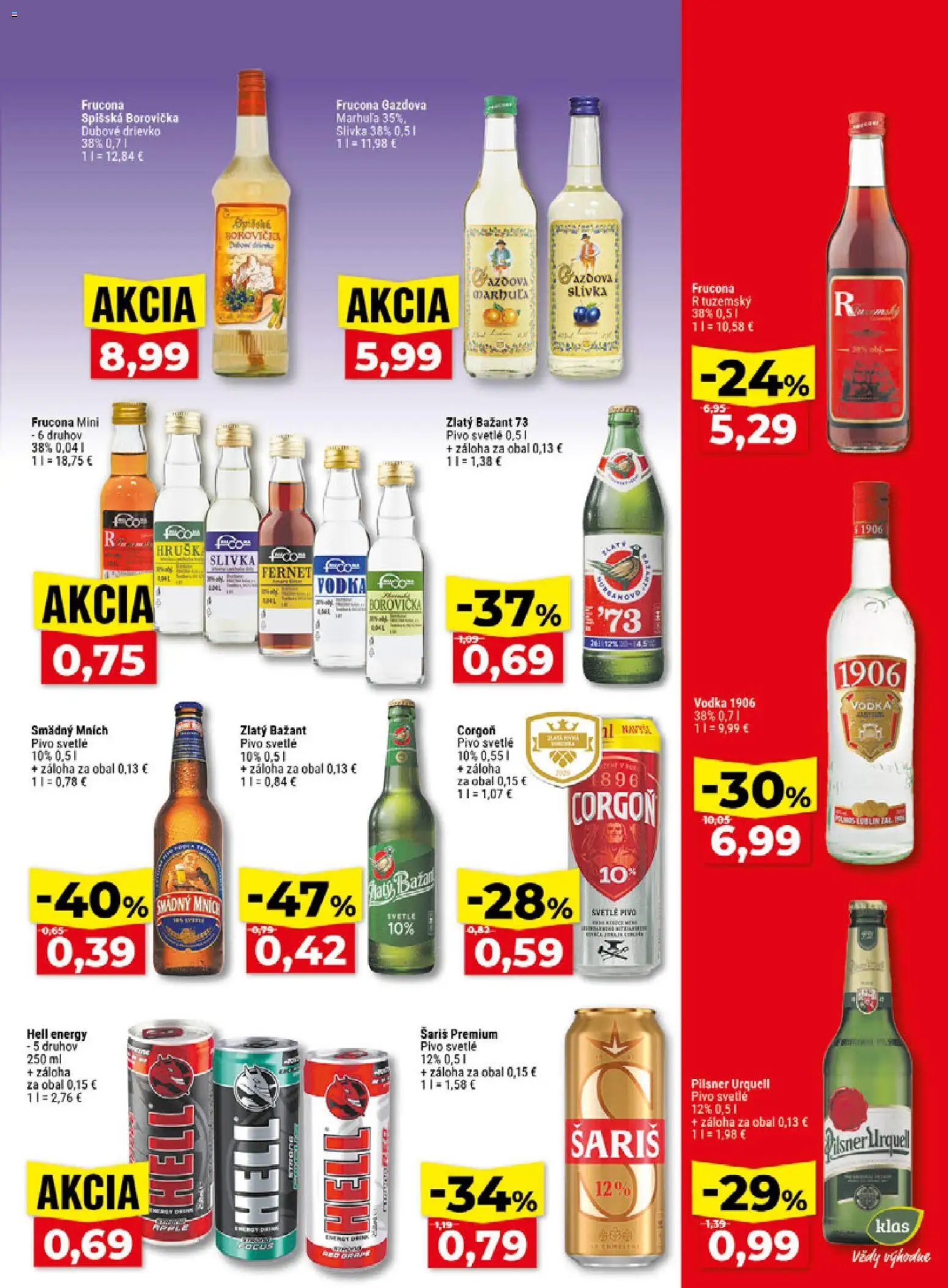 Náhľad Klas letáku platného od 19.10.2026 - Pivo, Pilsner Urquell, Vodka, Borovička, Fernet, Šariš, Zlatý Bažant, Smädný Mních