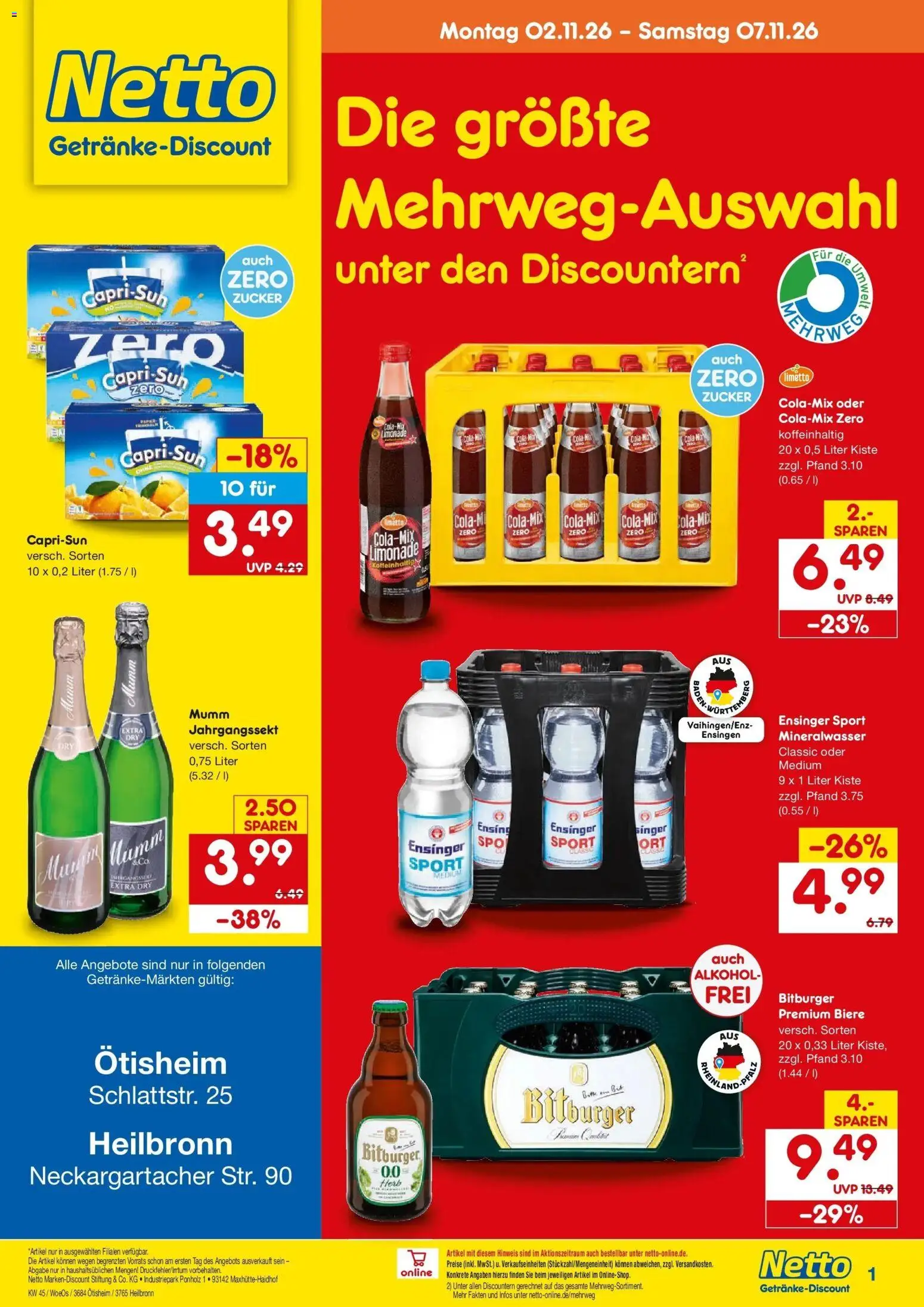 Vorschau von dem Prospekt des Geschäftes Netto Marken-Discount, gültig ab dem 02.11.2026 - Cola, Mineralwasser, Alkohol, Zucker, Capri sun, Bitburger, Limonade