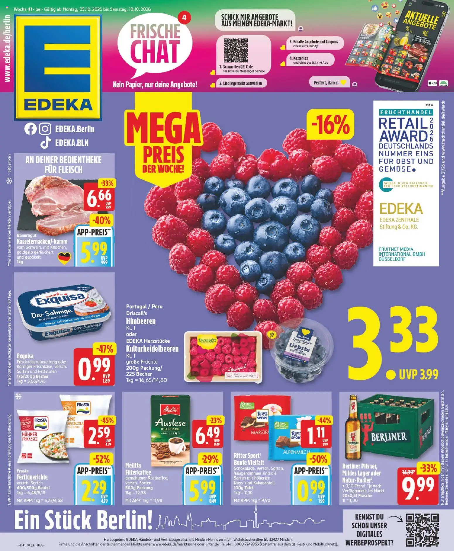 Vorschau von dem Prospekt des Geschäftes Edeka, gültig ab dem 05.10.2026 - Himbeeren, Heidelbeeren, Obst, Frosta, Melitta, Fertiggerichte, Exquisa, Bauerngut