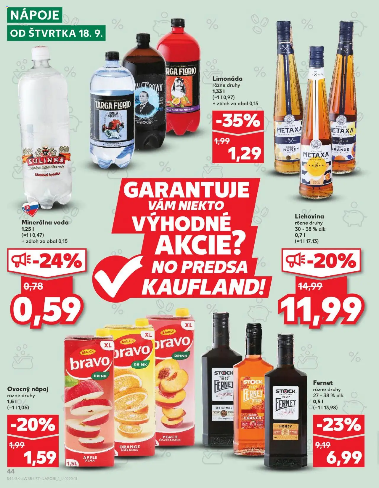 Náhľad Kaufland letáku platného od 18.09.2025 - Apple, Voda, Metaxa, Sulinka, Fernet, Fernet Stock, Minerálna voda, Nápoje