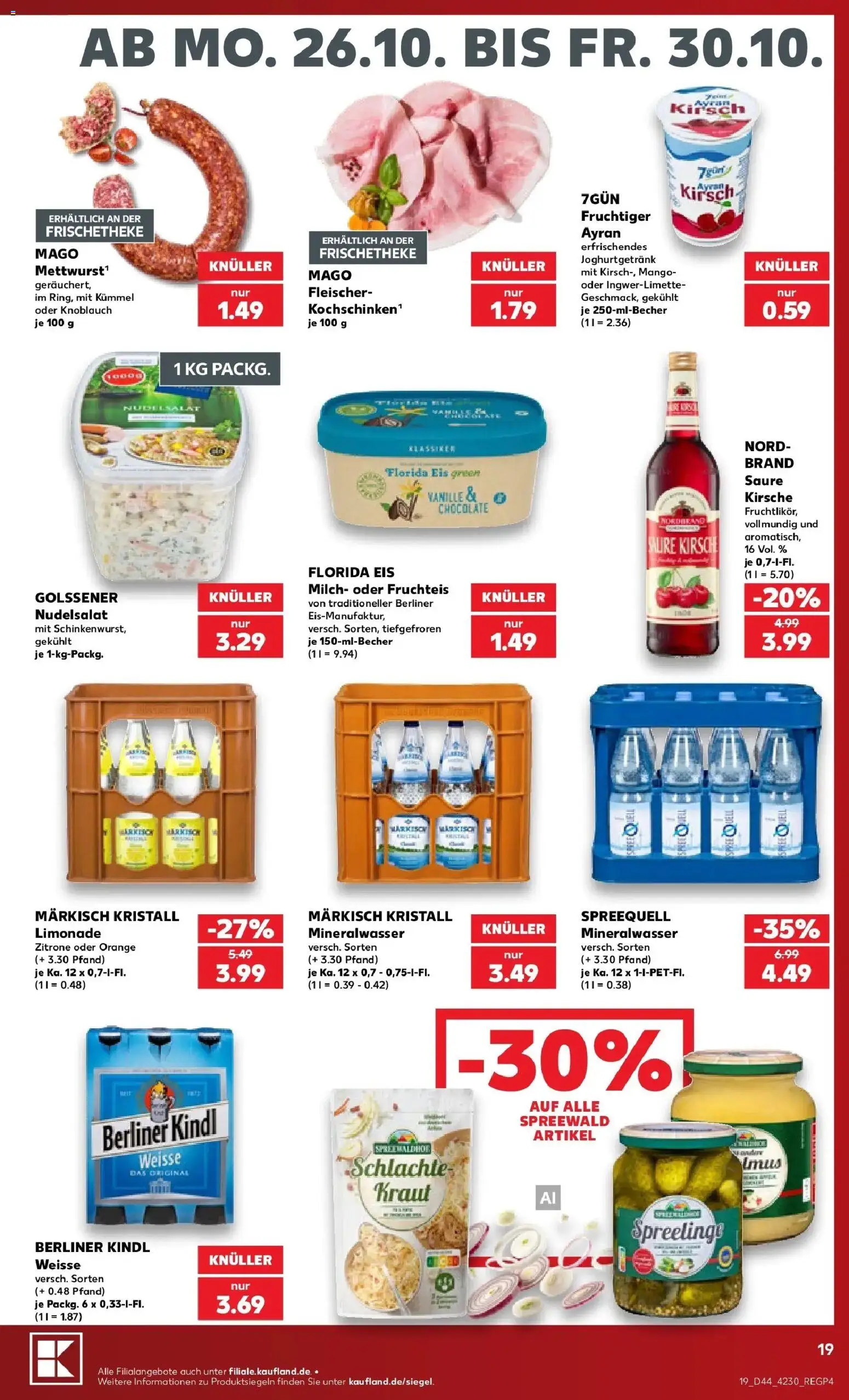 Vorschau von dem Prospekt des Geschäftes Kaufland, gültig ab dem 26.10.2026 - Mango, Eis, Mineralwasser, Milch, Berliner, Knoblauch, Vanille, Kraut