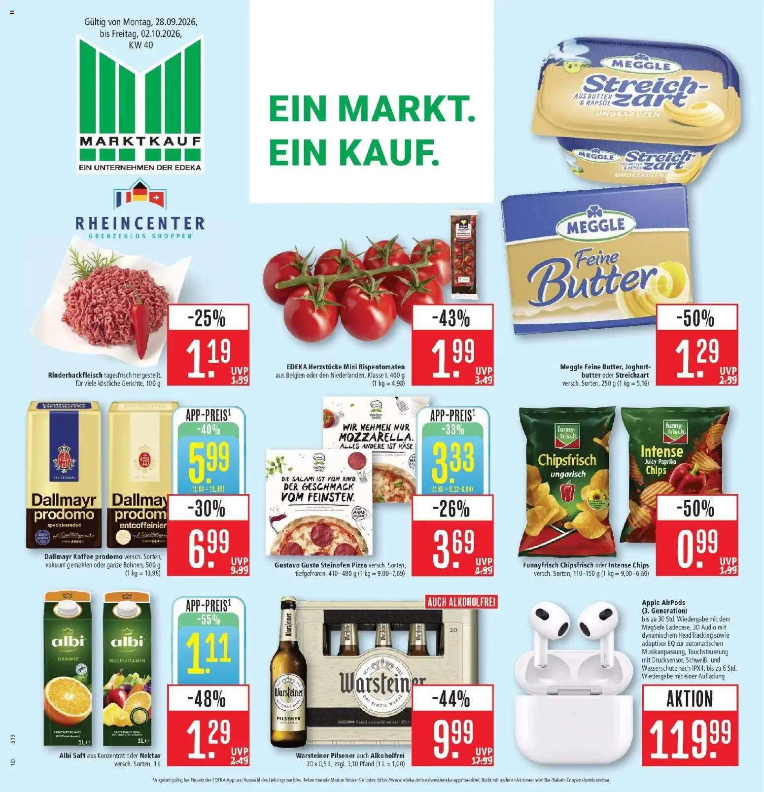 Vorschau von dem Prospekt des Geschäftes Marktkauf, gültig ab dem 28.09.2026 - Pizza, Airpods, Chips, Butter, Warsteiner, Dallmayr, Gustavo gusto, Saft