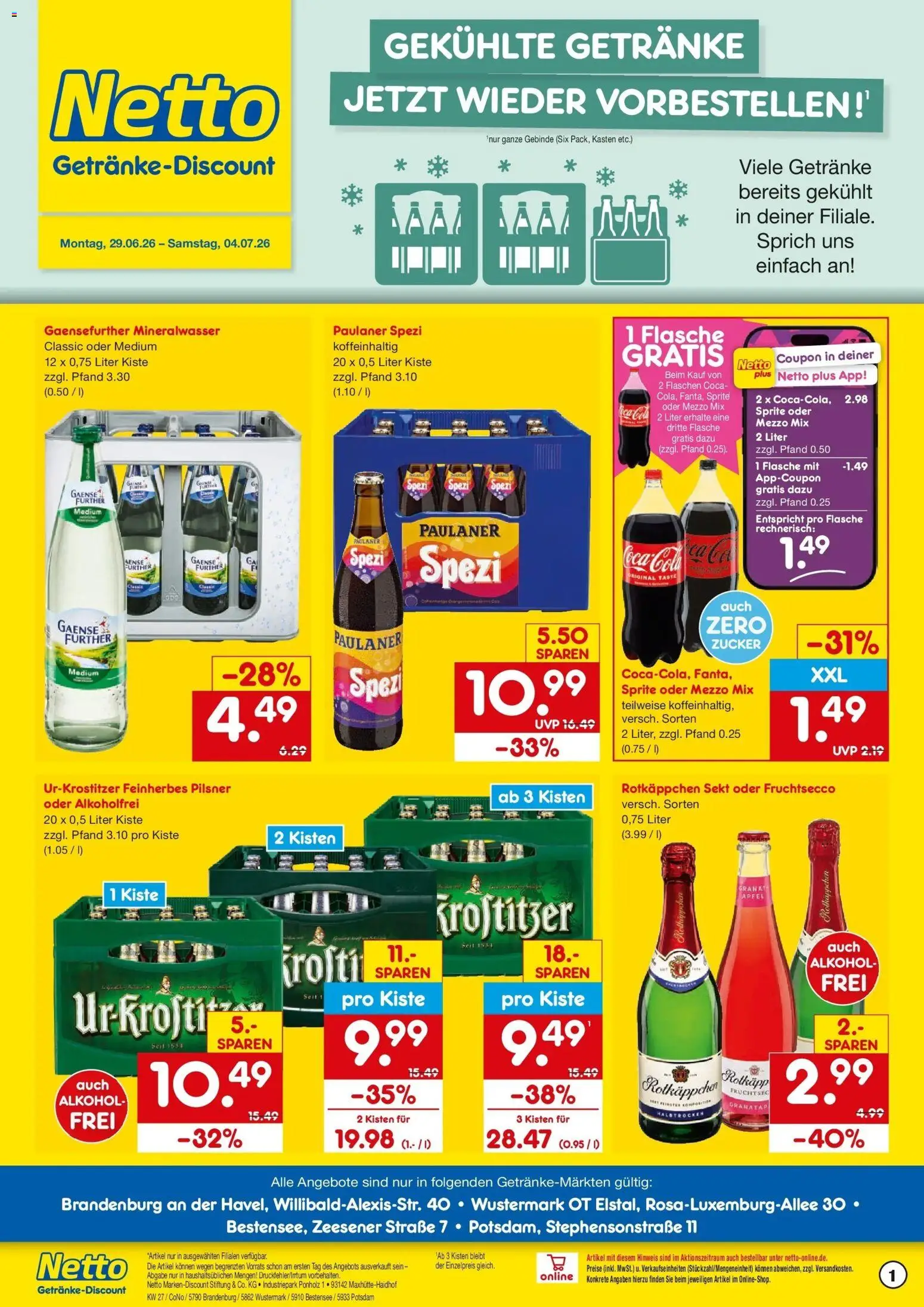 Vorschau von dem Prospekt des Geschäftes Netto Marken-Discount, gültig ab dem 29.06.2026 - Äpfel, Alkohol, Paulaner spezi, Paulaner, Sekt, Sprite, Fruchtsecco, Oder mezzo mix
