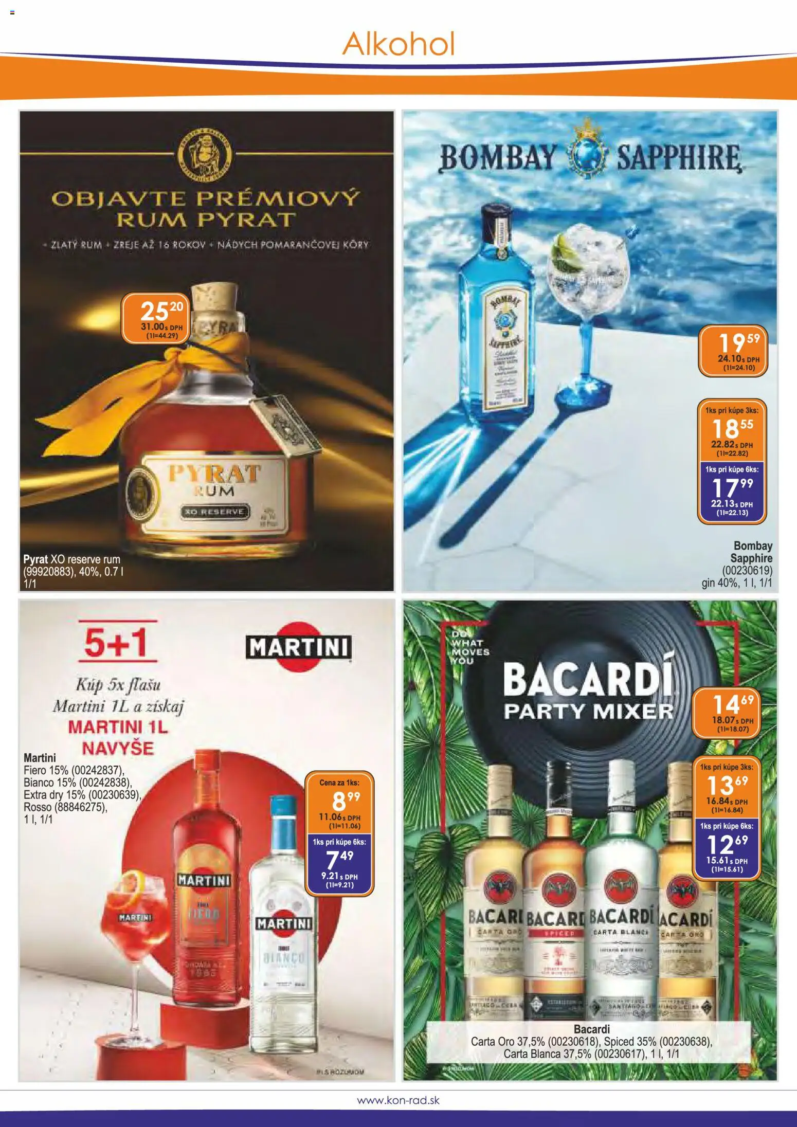 Náhľad KON - RAD letáku platného od 01.03.2026 - Alkohol, Rum, Gin, Martini, Bacardi, Mixér, Martini Fiero
