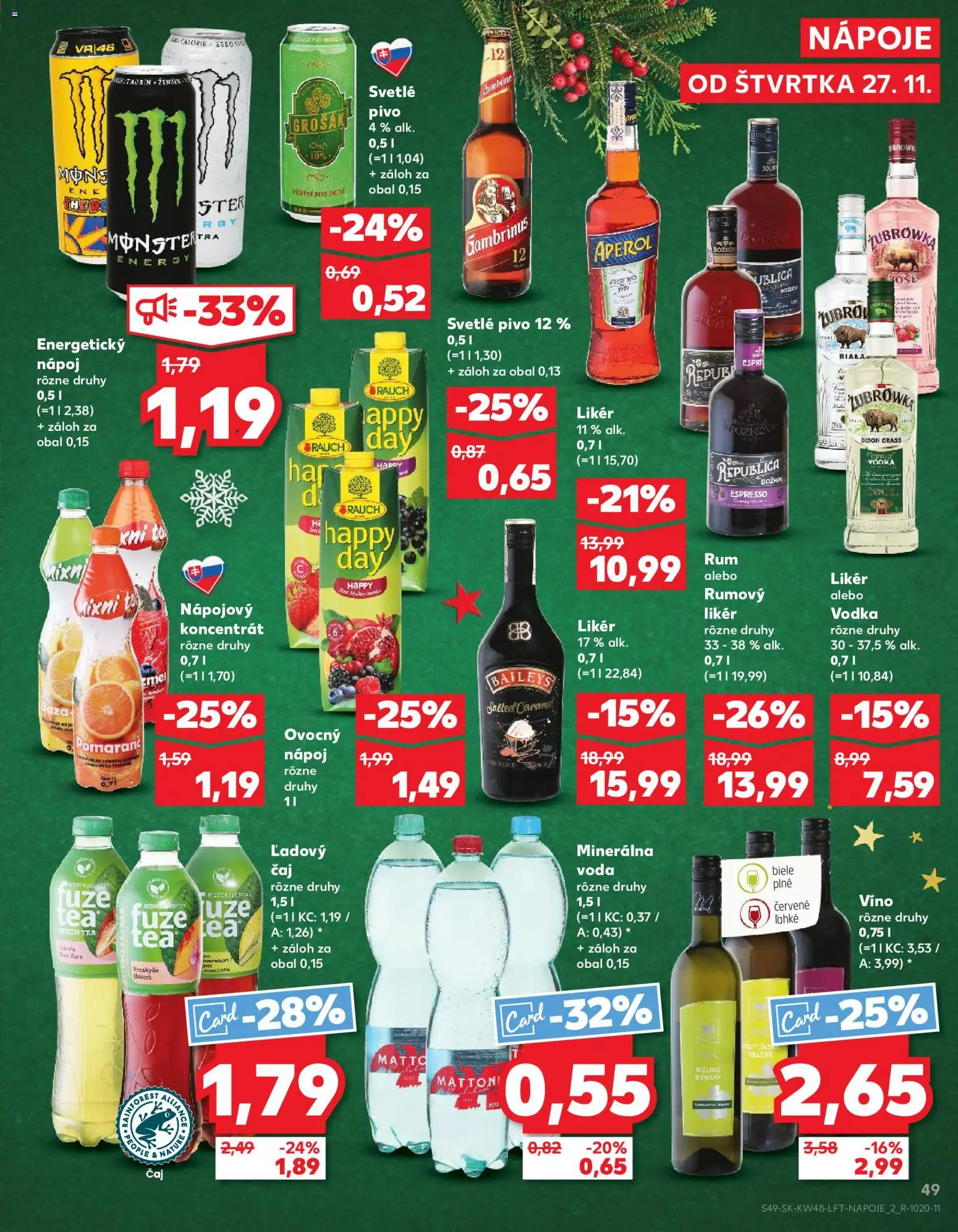 Náhľad Kaufland letáku platného od 27.11.2025 - Voda, Pivo, Víno, Rum, Mattoni, Gambrinus, Energetický nápoj, Republica