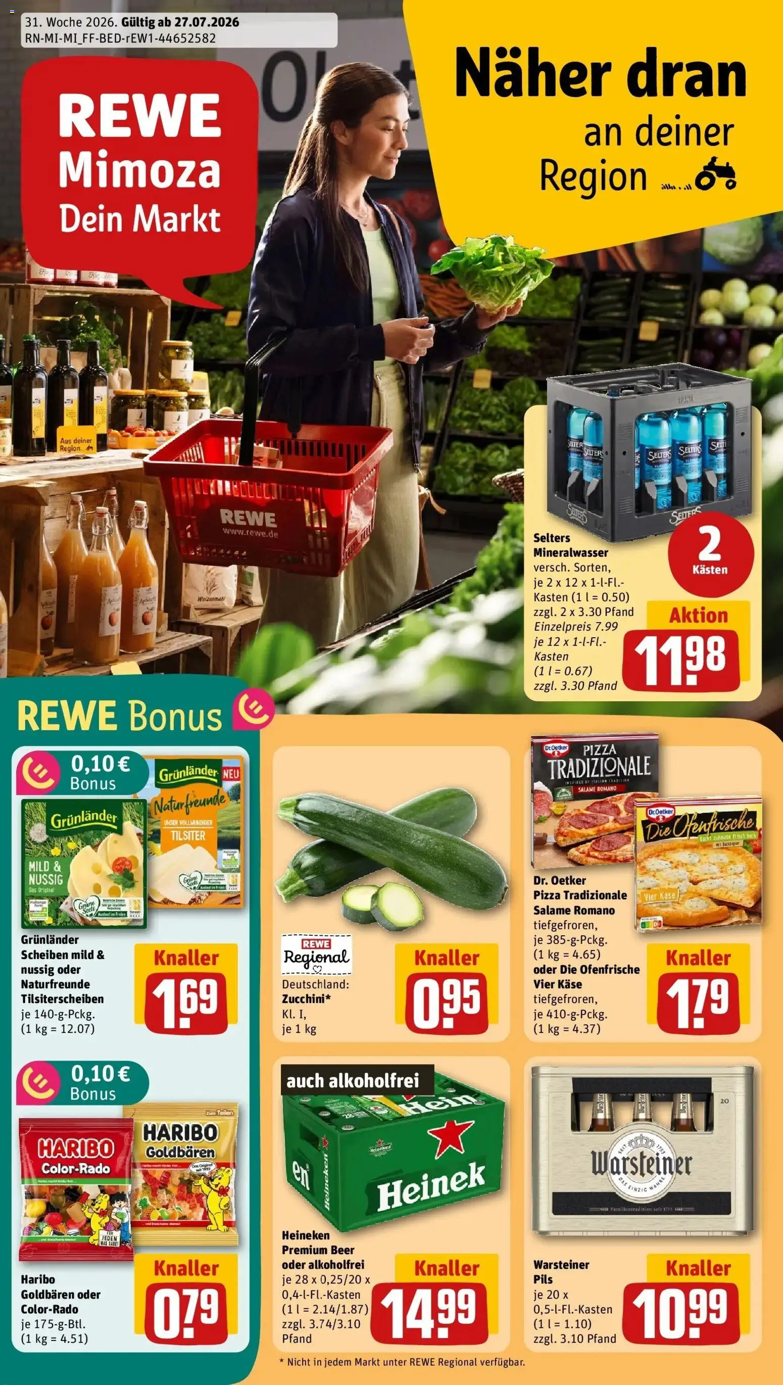 Vorschau von dem Prospekt des Geschäftes Rewe, gültig ab dem 27.07.2026 - Pizza, Käse, Haribo, Mineralwasser, Heineken, Weizenmehl, Ofenfrische, Grunlander