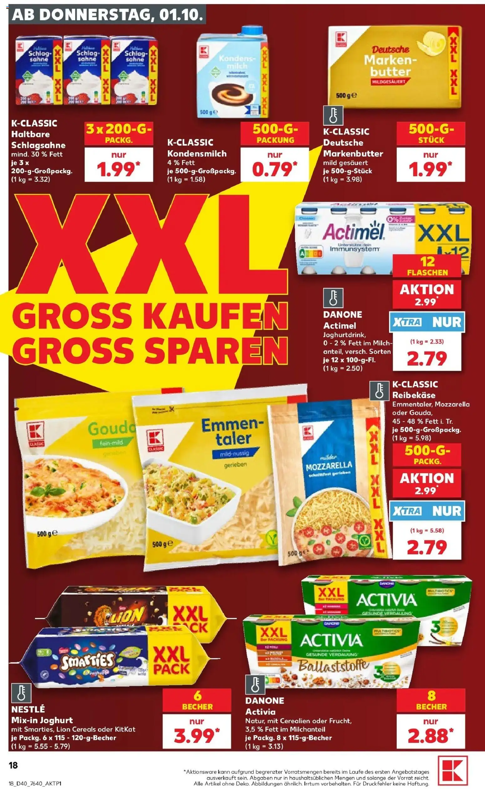 Vorschau von dem Prospekt des Geschäftes Kaufland, gültig ab dem 01.10.2026 - Butter, Joghurt, Mozzarella, Schlagsahne, Kondensmilch, Smarties, Activia, Reibekase