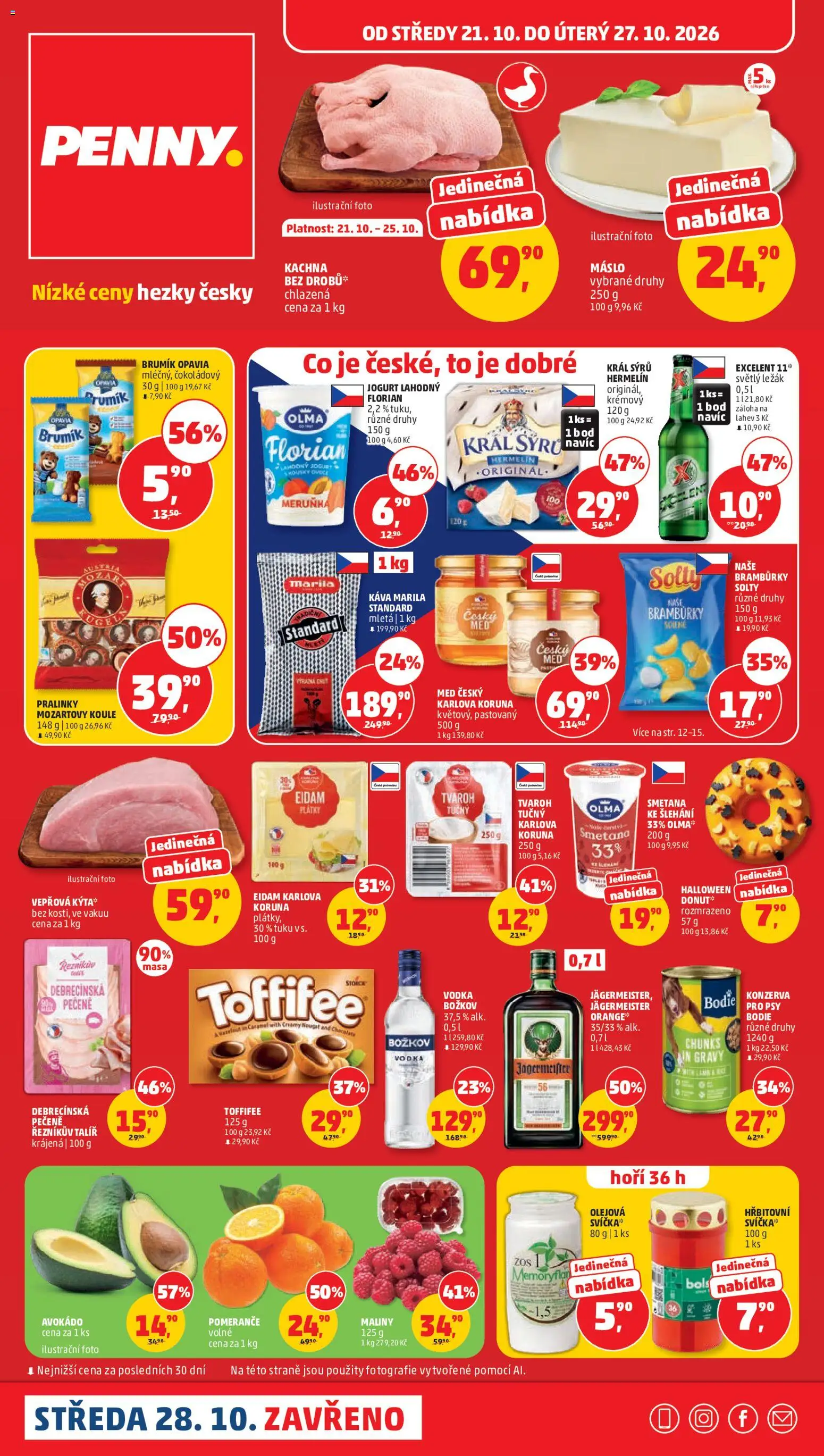 Náhled nabídky: Penny Market Penny Market leták platný od 21.10.2026 - Máslo, Káva, Jogurt, Božkov, Láhev, Jägermeister, Vodka Božkov, Pomeranče
