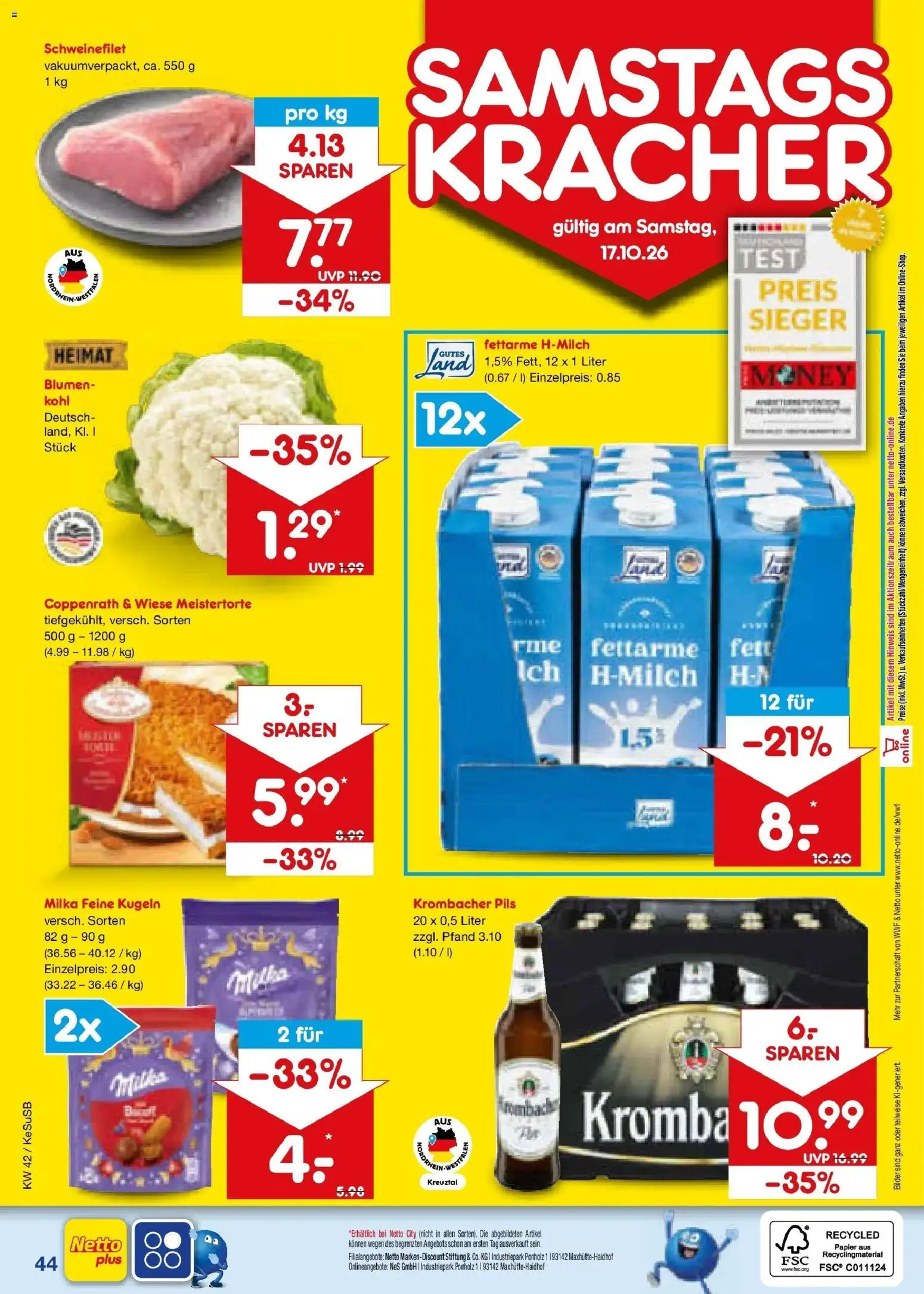 Vorschau von dem Prospekt des Geschäftes Netto Marken-Discount, gültig ab dem 12.10.2026 - Bilder, Blumen, Krombacher, Milka, Schweinefilet, Pils
