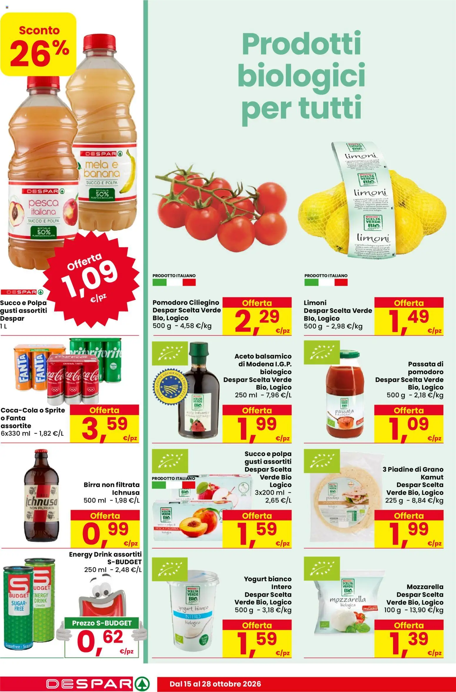 Anteprima dell'opuscolo Despar volantino Trieste dal negozio Despar valido da 15/10/2026 - Piadina, Pesca, Mozzarella, Fanta, Bottiglia, Sprite, Limoni, Yogurt bianco
