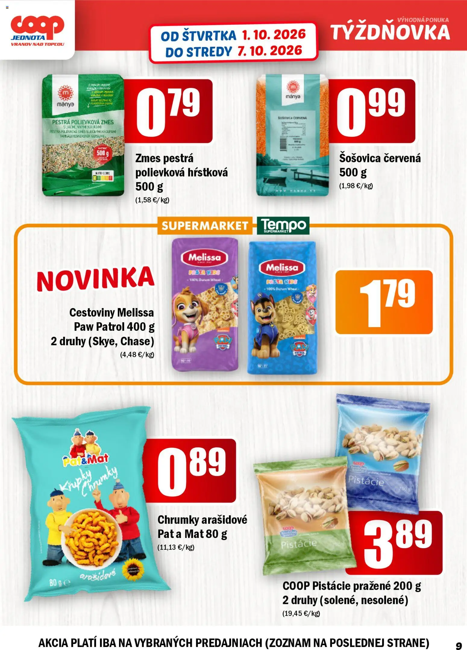 Náhľad COOP Jednota letáku platného od 01.10.2026 - Cestoviny, Šošovica, Pistácie