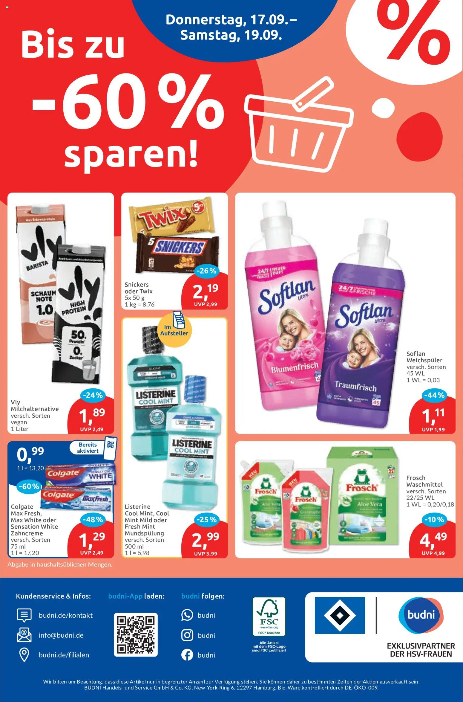 Vorschau von dem Prospekt des Geschäftes Budni, gültig ab dem 14.09.2026 - Snickers, Zucker, Waschmittel, Weichspüler, Twix, Listerine